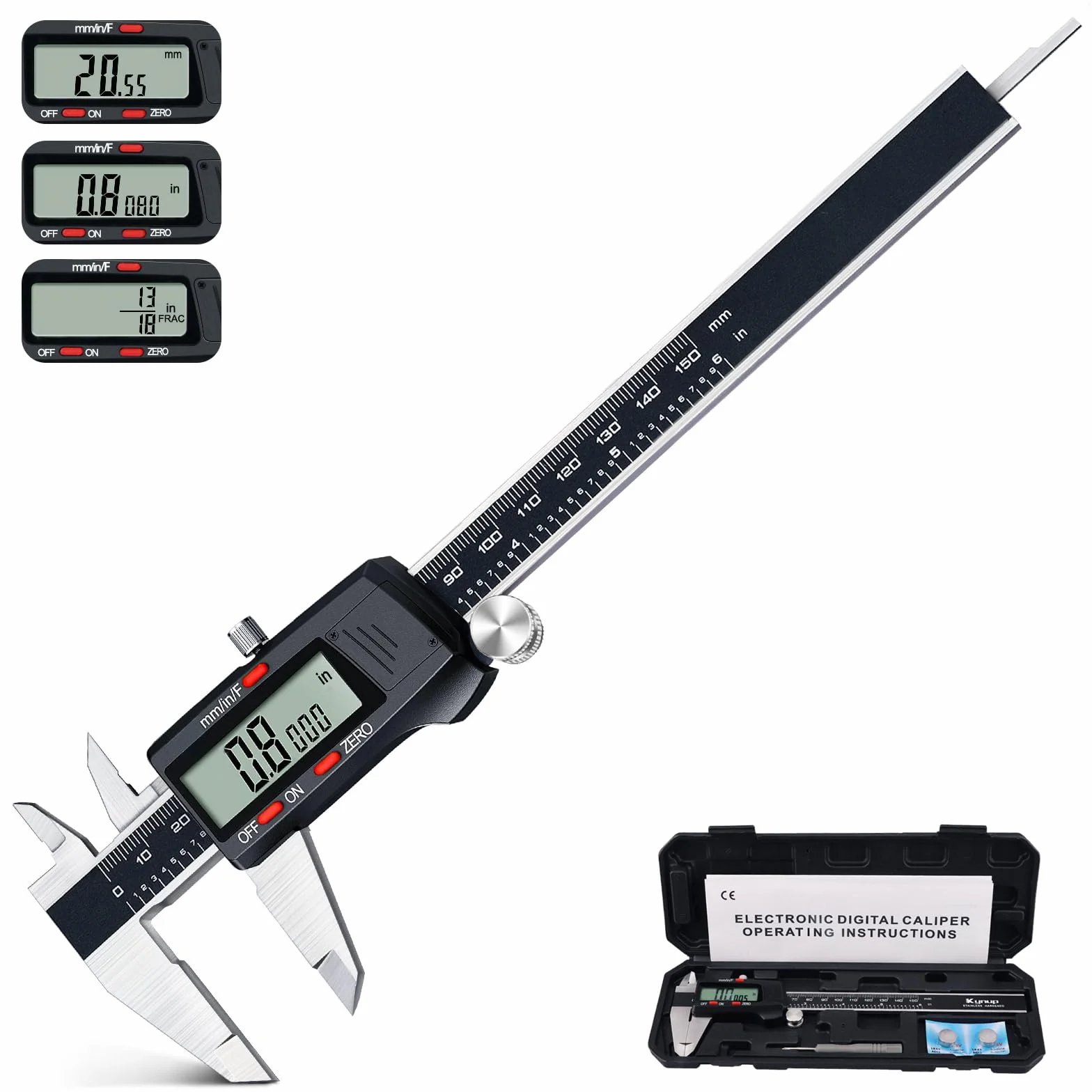 Kynup Messschieber Digital, Schieblehre Digital 150mm Messwerkzeug mit LCD-Display, Digitaler Messschieber aus Edelstahl, Zoll/Metrisch/Fraktion Konvertierung, Auto-Off-Design, Black