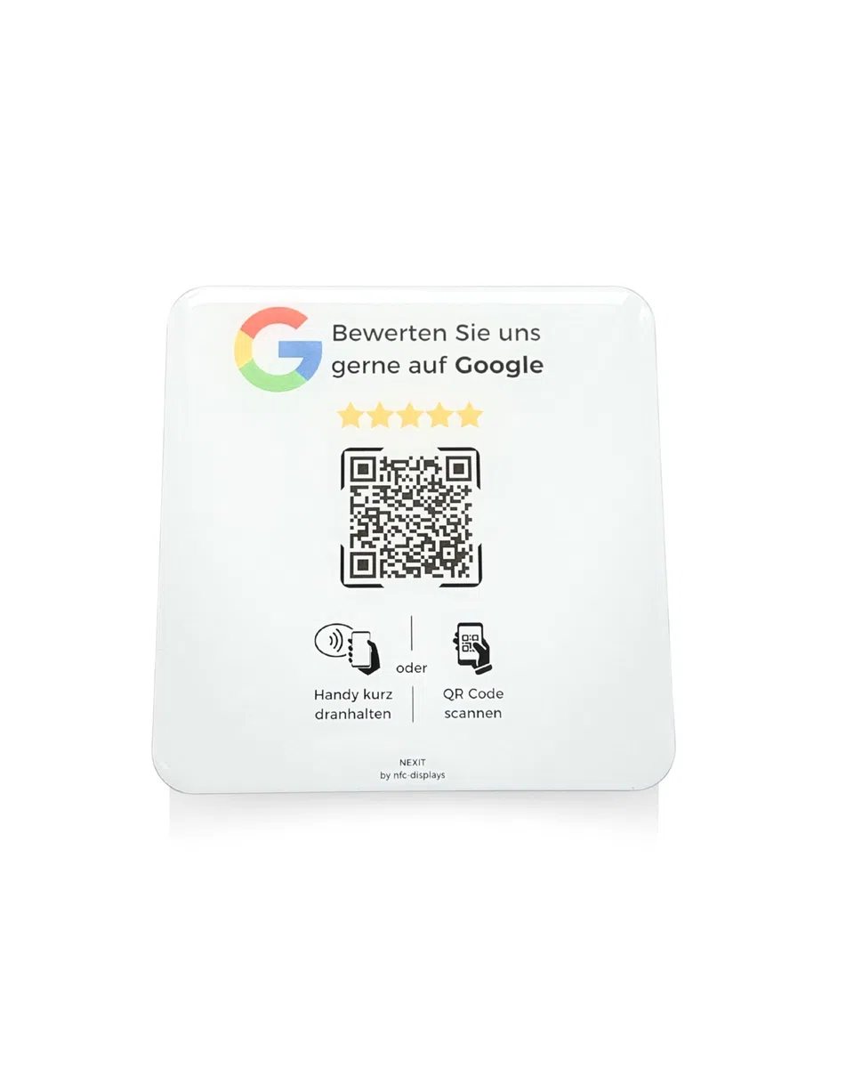 Karte/Schild für Google Bewertungen mit QR-Code und NFC (12x12cm selbstklebend) - weiß