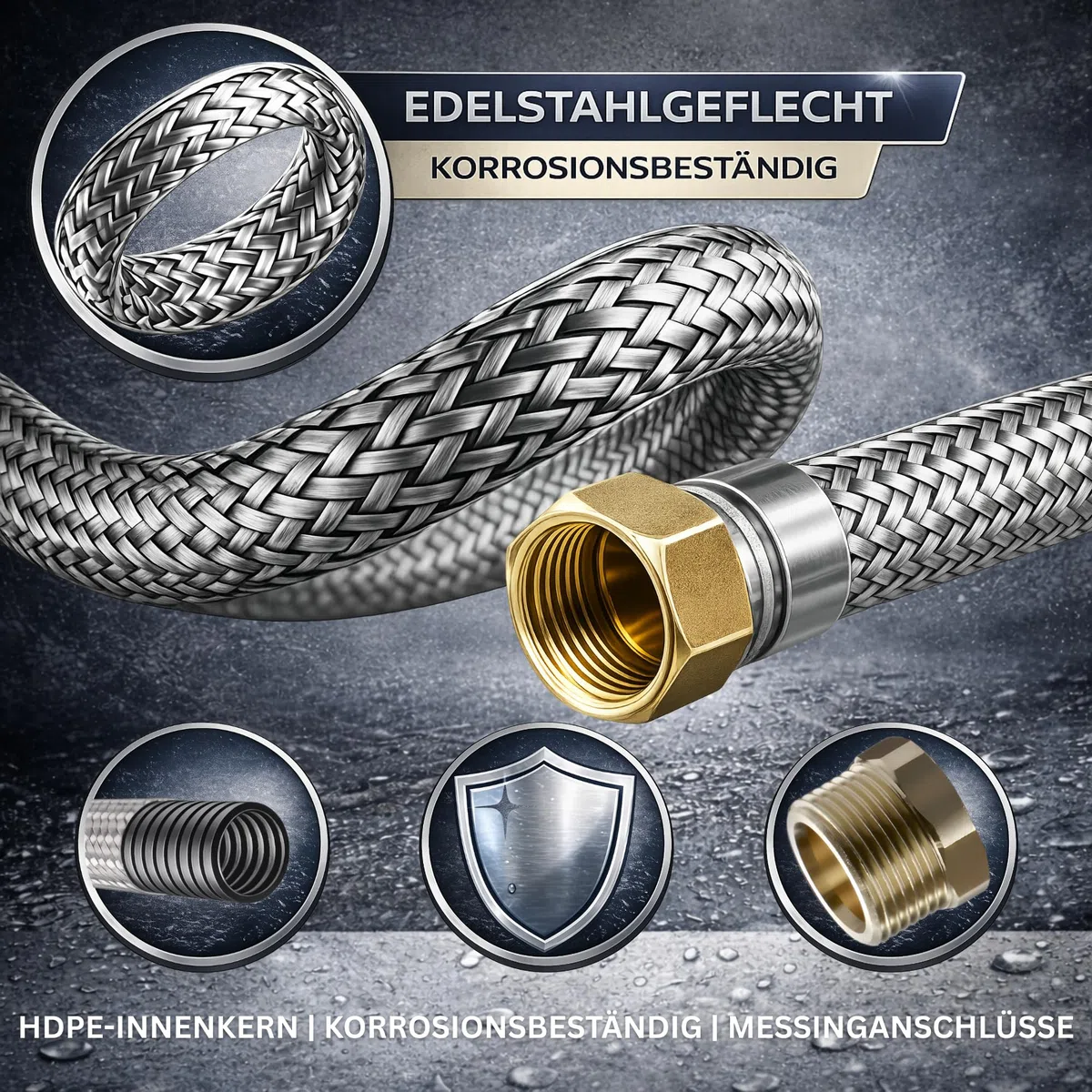DVGW gep. Panzerschlauch 1 Zoll DN25 Edelstahl Flexschlauch Wasseranschluss Heizung Enthärtungsanlage mit Edelstahlumflechtung | 80 cm Überwurfmutter x Überwurfmutter