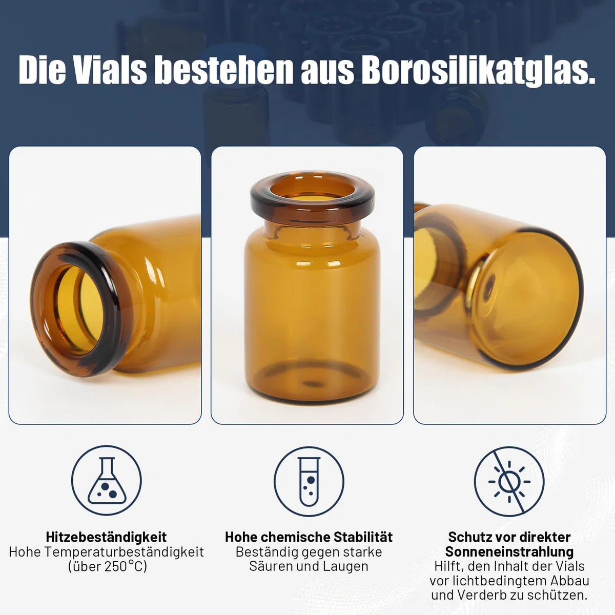 3 ml bernsteinfarbene Glasfläschchen mit Kunststoff-Aluminium-Klappkappen und Gummistopfen, 100 Stück, 20 mm flacher Boden, Laborfläschchen