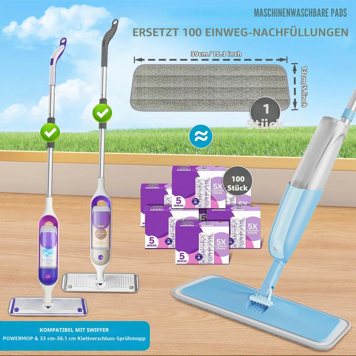 Wischer mit Sprühfunktion Sprühwischer Bodenwischer, MEXERRIS Wischmopp mit Wassertank 360 Grad Rotierender Wischmopp Spray Mop Wischer Boden mit 3 Waschbaren Mikrofaser Pads für alle Böden