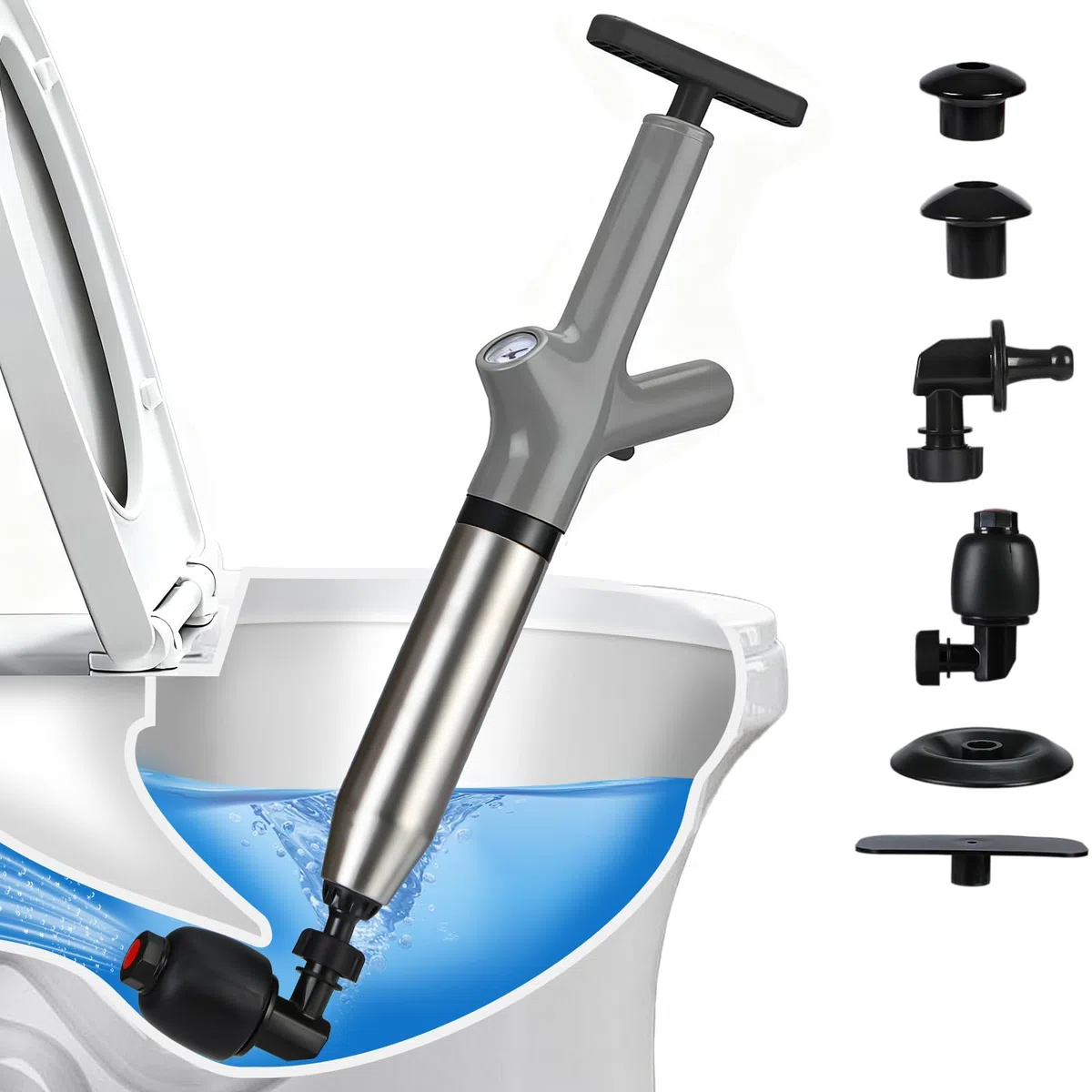 Abflussreiniger Pumpe für Toilette, Druckluft Rohrreiniger Pressluft WC Verstopft Pumpe mit Luftdruckanzeige und 4 Düsen, Verstopfung Toilettenpumpe für Abfluss, Spüle