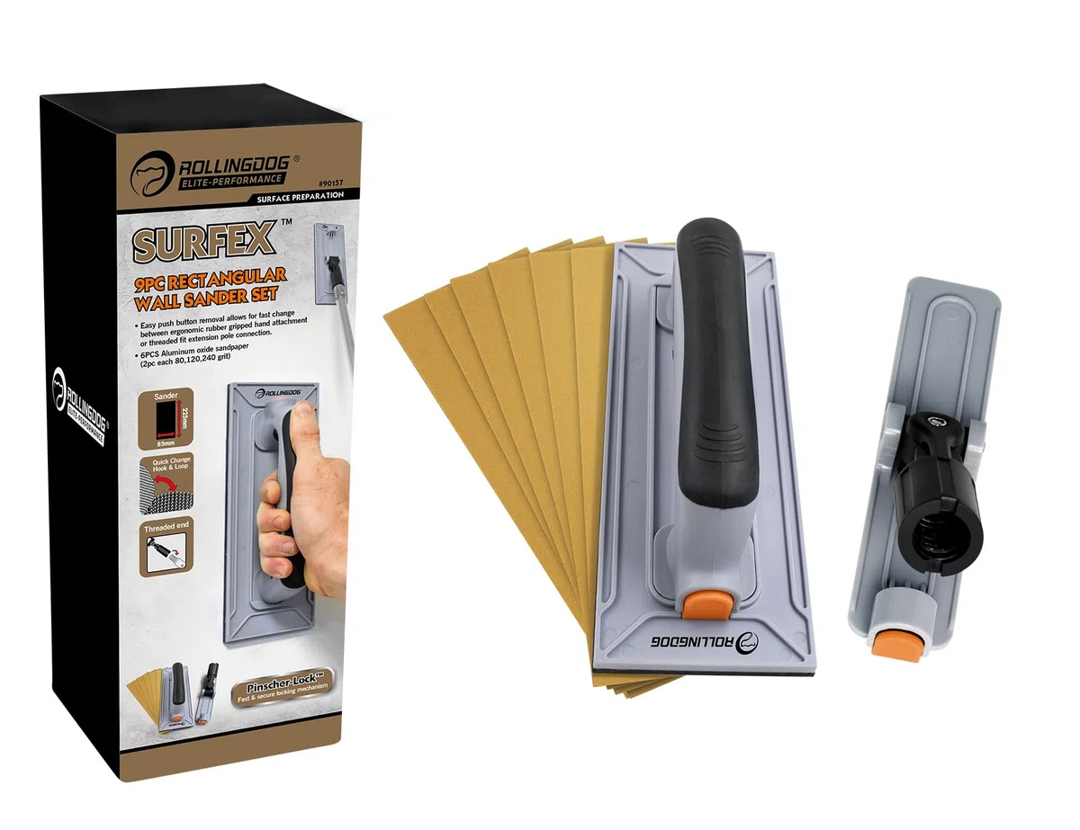 ROLLINGDOG Profi Handschleifer Trockenbau Rechteck Schleifbrett 9tlg Set mit 6 Schleifpapier 80/120/240 Grit, Ergonomischer Gummigriff, Hand- und Polschleifer Werkzeug für Wand Decke Holz Metall