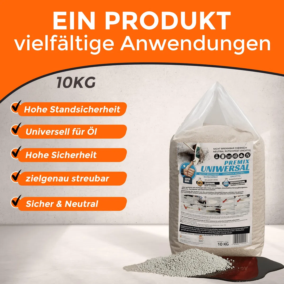 SAMETRUCK 20L Ölbindemittel Sack 10kg Granulat fein Chemikalienbinder Körnung 0,25-0,85mm