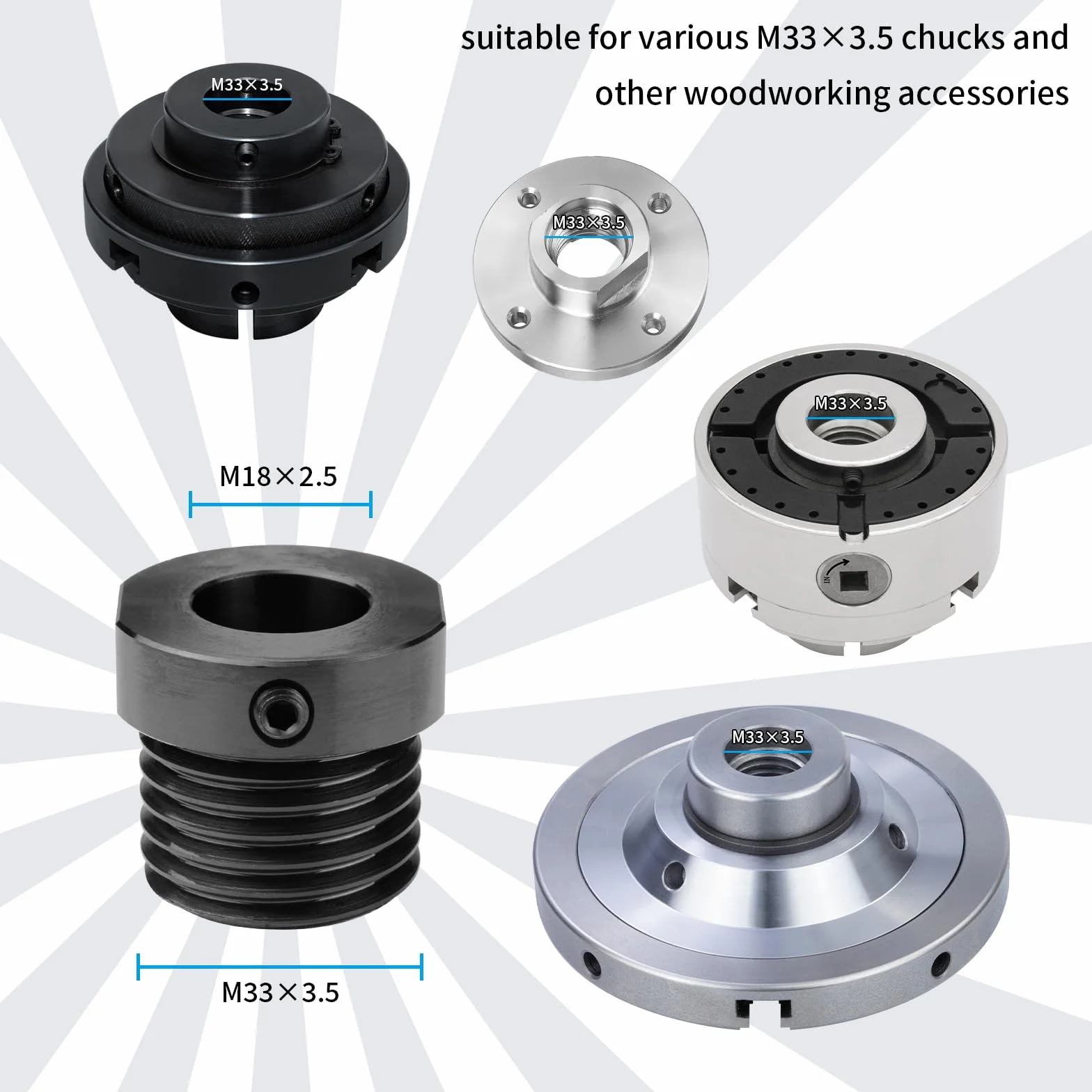 Spindeladapter für Holzbearbeitung, konvertiert M18 x 2,5 mm auf M33 x 3,5 mm Gewindebohrfutter-Einsatzadapter
