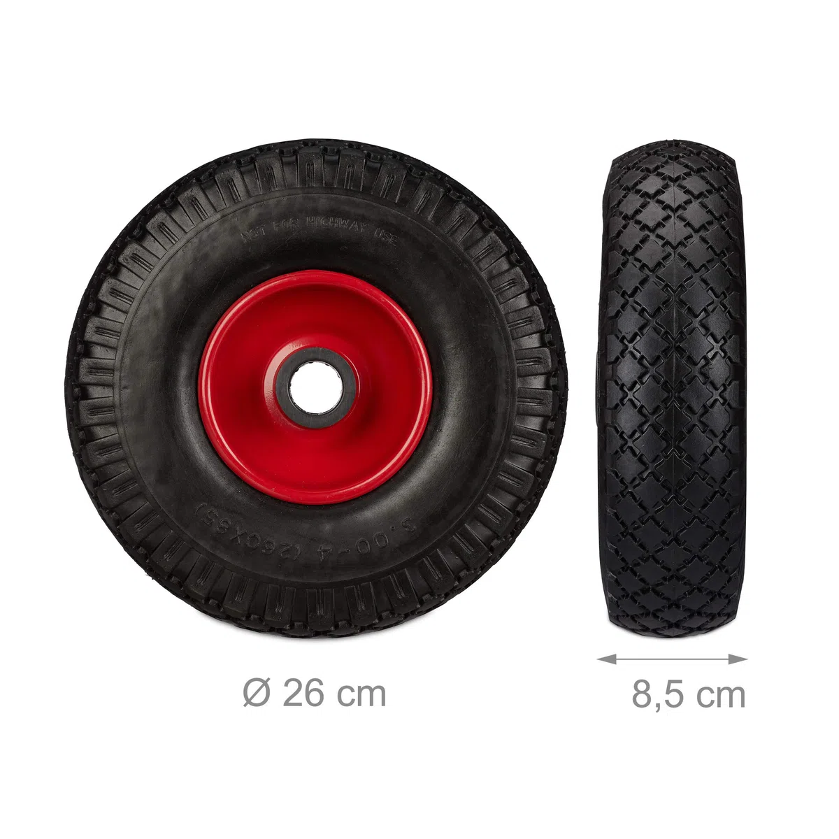 Relaxdays Sackkarrenrad Set, pannensicher, 3.00-4 Vollgummireifen, Stahlfelge, 25mm Achse, 100 kg, 260x85mm, schwarz-rot
