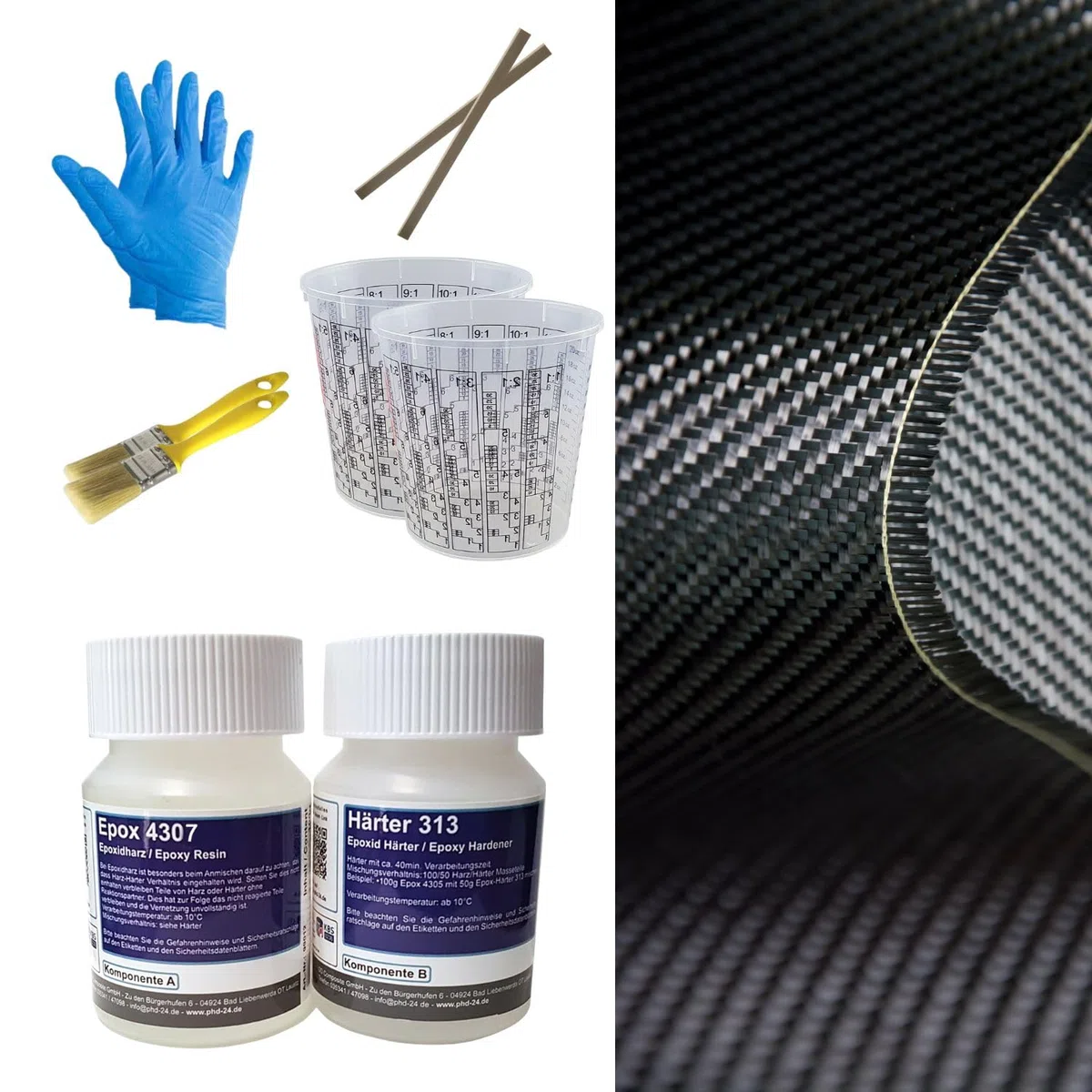 DD Composite Carbon Komplett-Set 0,25m² Köper klares Epoxidharz Carbongewebe Top Qualität einzigartige Optik individuelles Design echte Kohlefaser