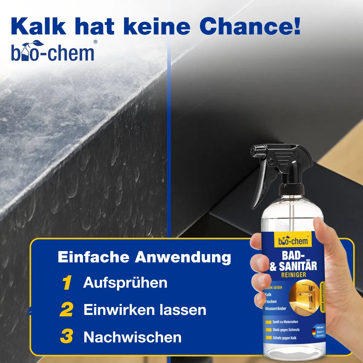bio-chem Badreiniger Sanitärreiniger 750ml mit Fugenbürste | Kalkentferner Spray für Dusche, WC, Fliesen & Waschbecken | Bürste für Fugen und Rillen