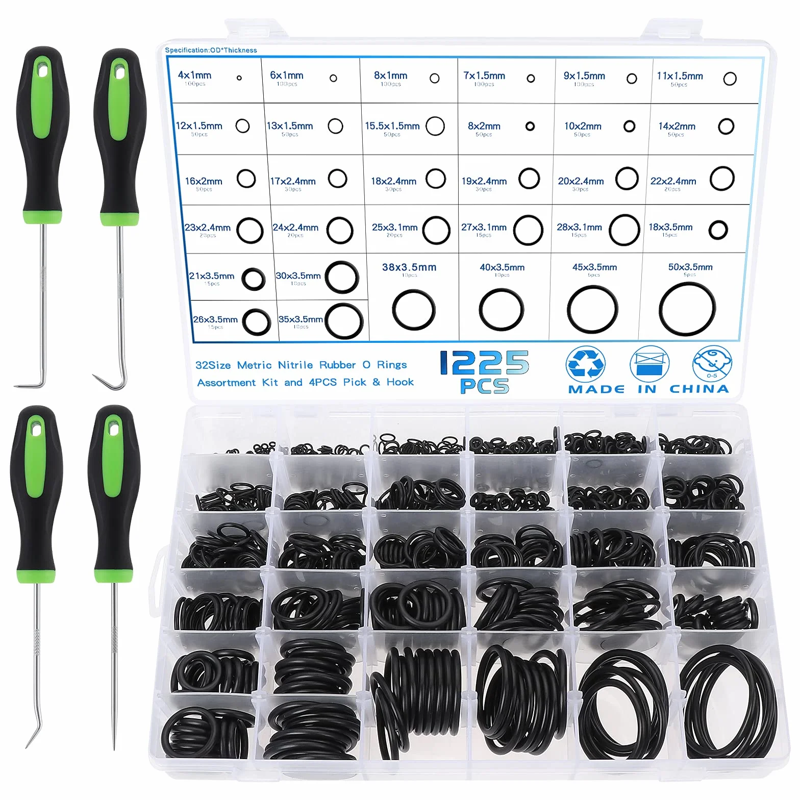 Gueenky 1225 Stück O Ring Sortiment Durchmesser 4-50 mm, 32 Größen Dichtungsringe Dichtungen set Nitrilkautschuk Gummi Dichtring O-ringe mit Pick und Haken Set