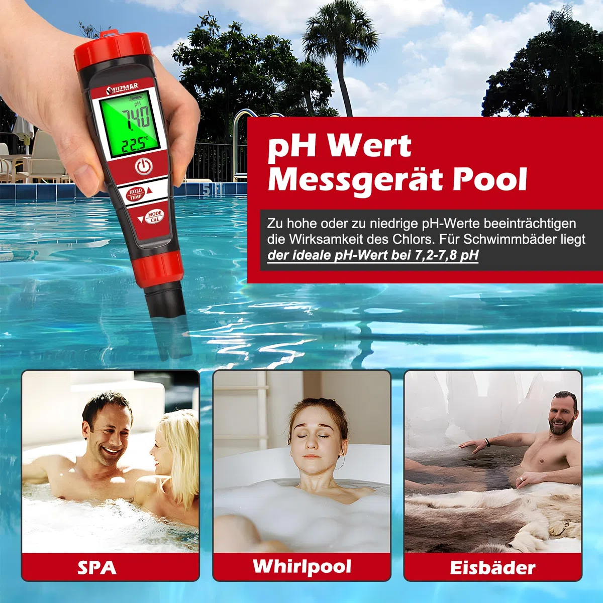 UIUZMAR pH Messgerät Wasser, pH EC Messgerät Grow für Hydrokultur, TDS pH Messgerät für Trinkwasser, Pool Wasserqualitätstester von 4 in 1 pH EC TDS Temperatur für Schwimmbecken, Whirlpool, Aquarium