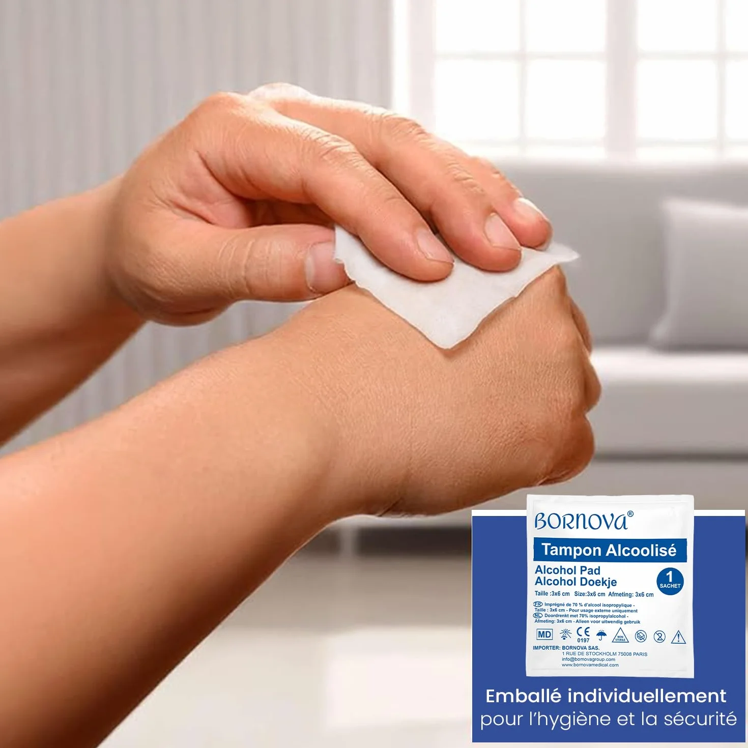 300 Stück – Alc-Pads, imprägniert – Reinigungstuch, 3 x 6 cm für die Reinigung von Haut und Gegenständen, Einmalgebrauch. BORNOVA