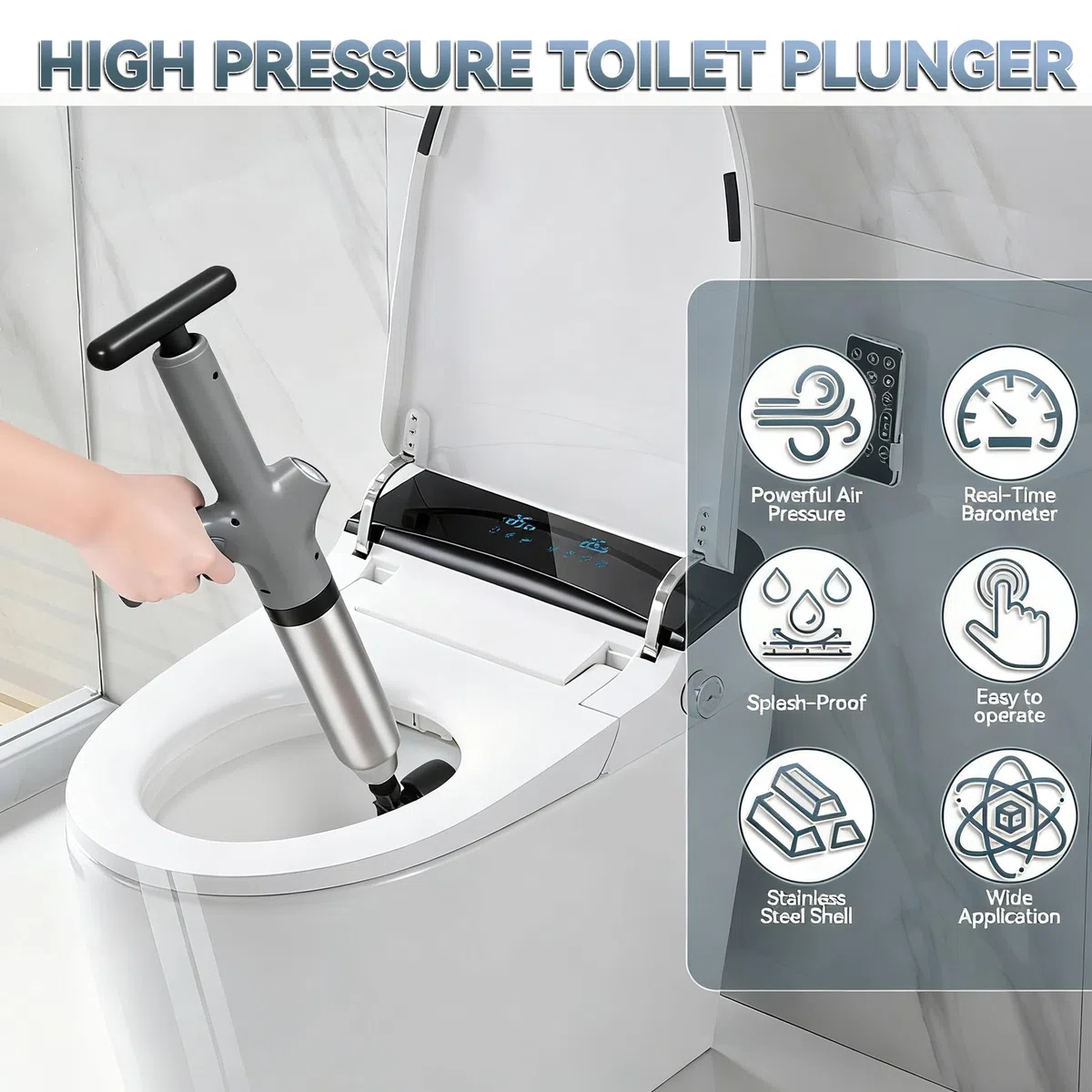 Abflussreiniger Pumpe für Toilette, Druckluft Rohrreiniger Pressluft WC Verstopft Pumpe mit Luftdruckanzeige und 4 Düsen, Verstopfung Toilettenpumpe für Abfluss, Spüle