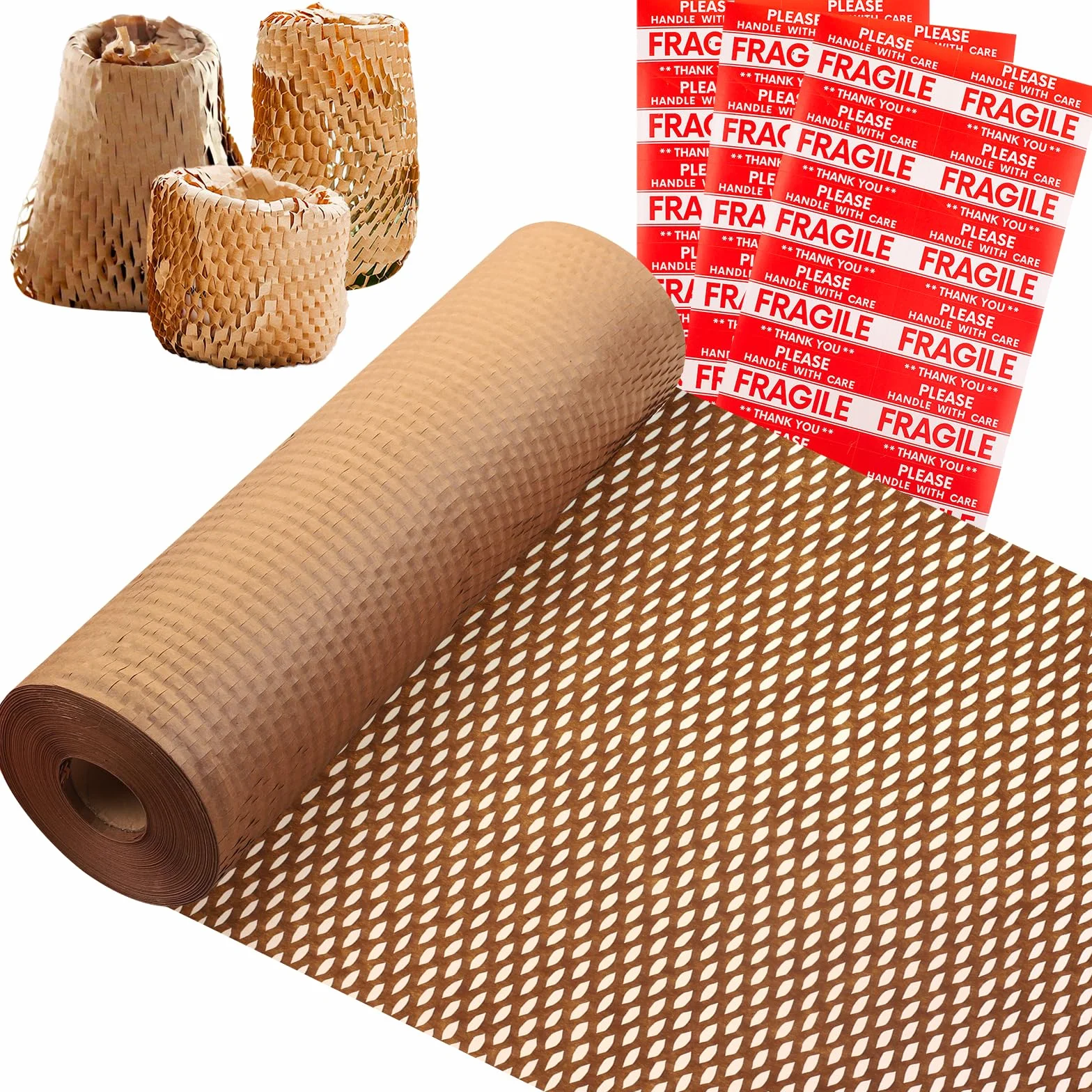Wabenpapier Verpackungspapier Rolle 38cm x 70m, Braunes Verpackungsmaterial Verpacken Papier enthält 36 Aufkleber für zerbrechliche Gegenstände, Luftpolsterfolie Alternative für Polsterpapier