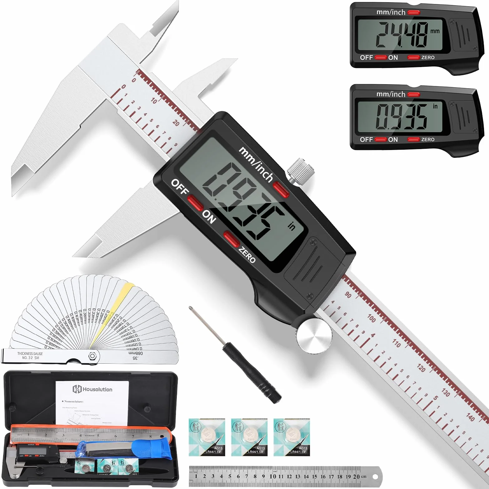 Housolution Digitaler Messschieber 6 Zoll Mit Großem LCD-Bildschirm, Zoll/MM, 4 Messwege, Auto-Off, Edelstahl-Mikrometer für Drucker, Juweliere, Holzhandwerker