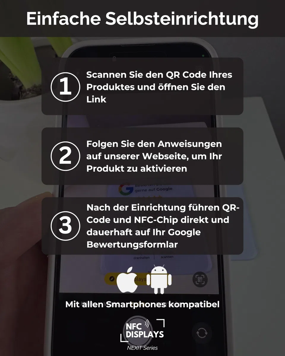 Karte/Schild für Google Bewertungen mit QR-Code und NFC (12x12cm selbstklebend) - weiß