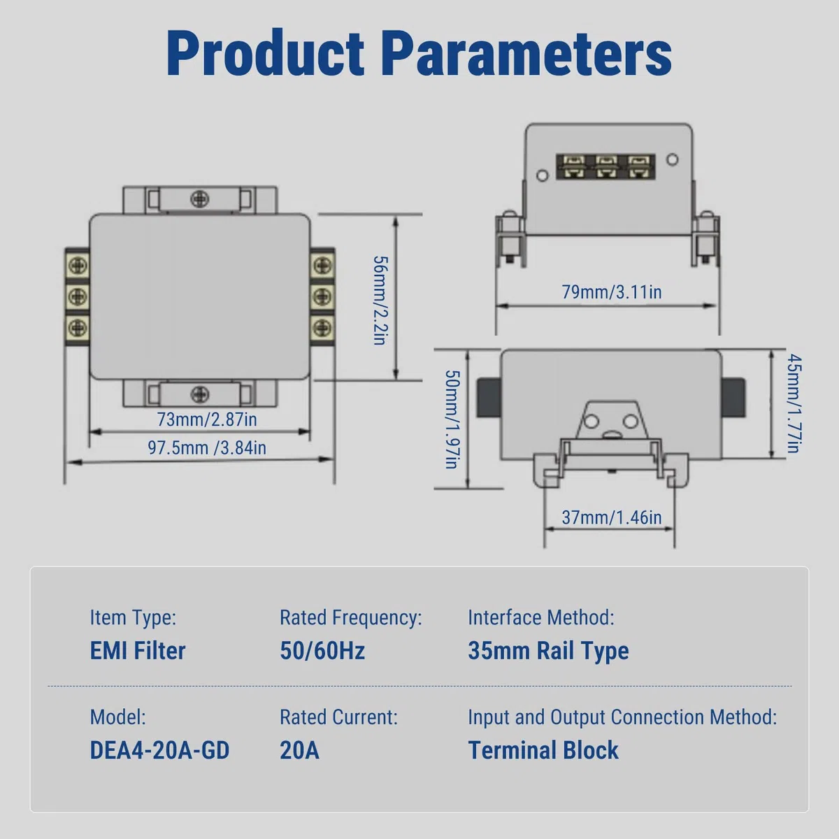 Netzfilter, DEA4-20A-GD EMI Filter Leistungsfilter, 115V 250V 20A 50/60Hz Einphasenfilter, Klemmenblock Verbindung