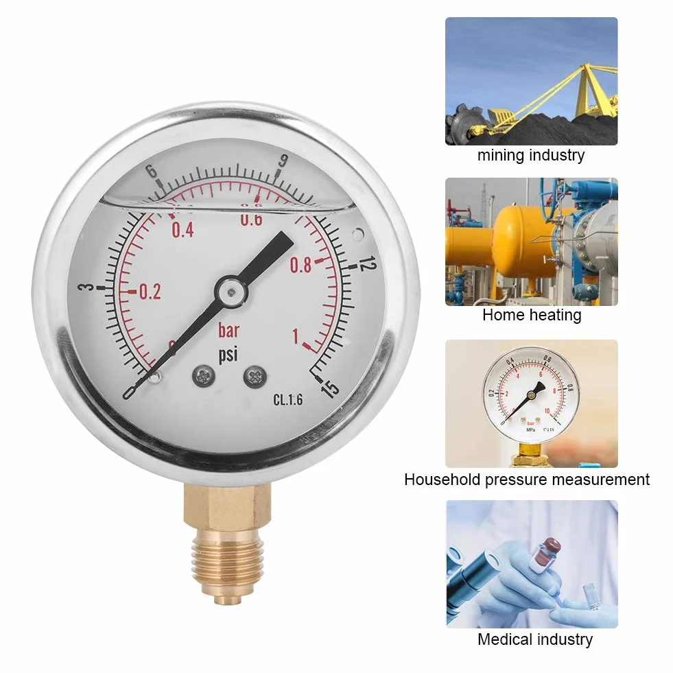 1/4 BSP Ölgefülltes Hydraulisches Manometer, Vakuum Manometers -1–0 bar / -30–0 inHg, Edelstahl Unterdruck Manometer mit Öl Dämpfung für Industrie, Maschinen, Chemie & Erdöl