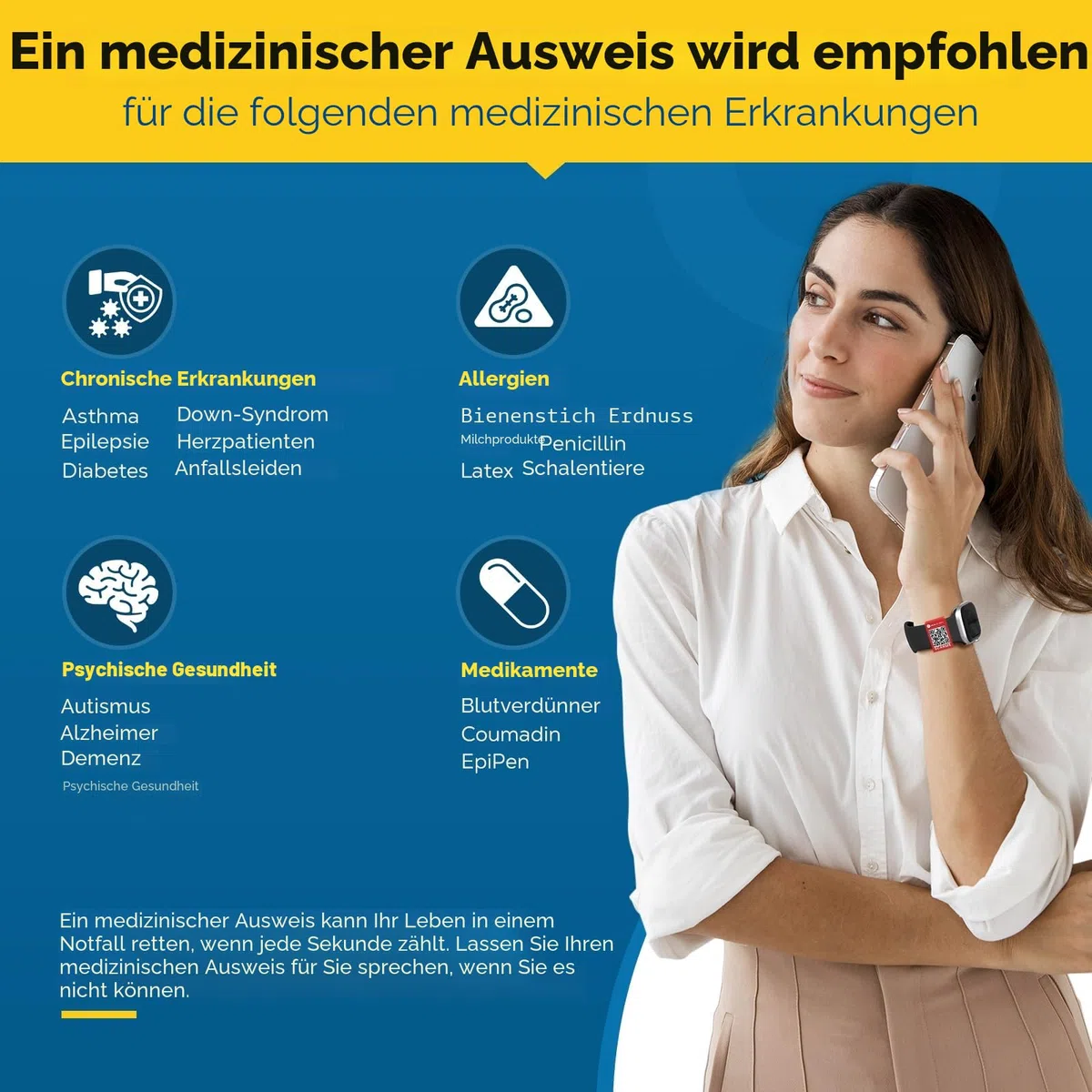 Verbessertes medizinisches Armband für Männer und Frauen mit QR-Code, medizinische Notfall-ID-Armbänder – Titan-Stahl-Armband passt Handgelenken von 20,3 - 25,4 cm – mehr Platz,
