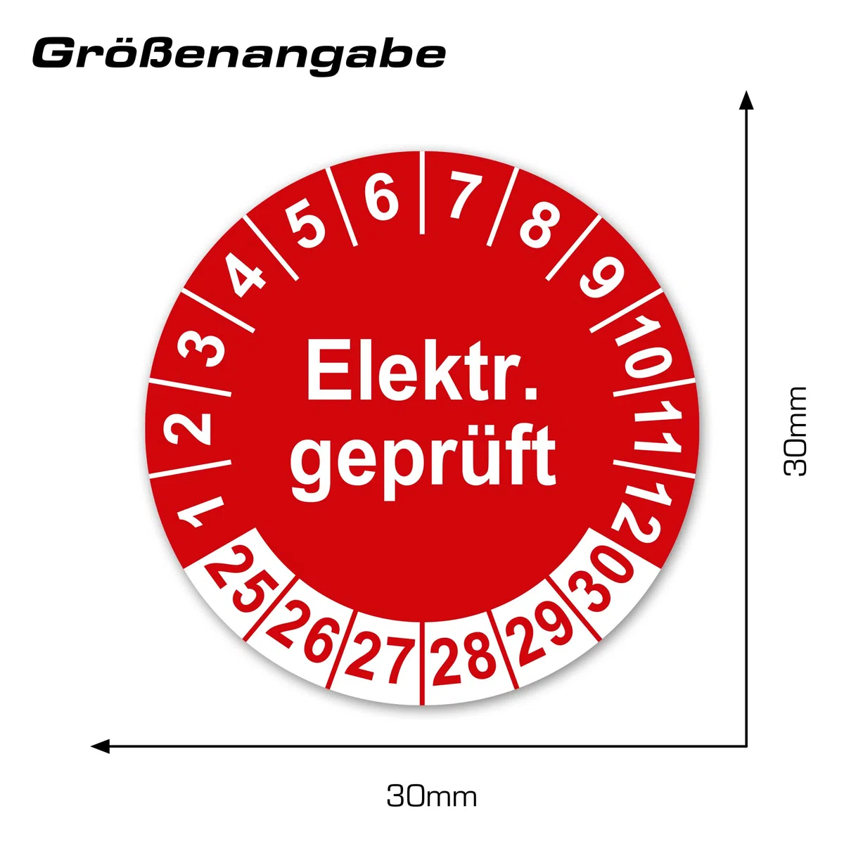 Prüfplaketten Elektr. geprüft 2025-2030 Prüfetiketten Elektrogeräte Prüfung Kontrolle für Betriebsmittel Geräte Maschinen Aufkleber selbstklebend wasserfest LTD001 (100, Rot, ⌀30mm)