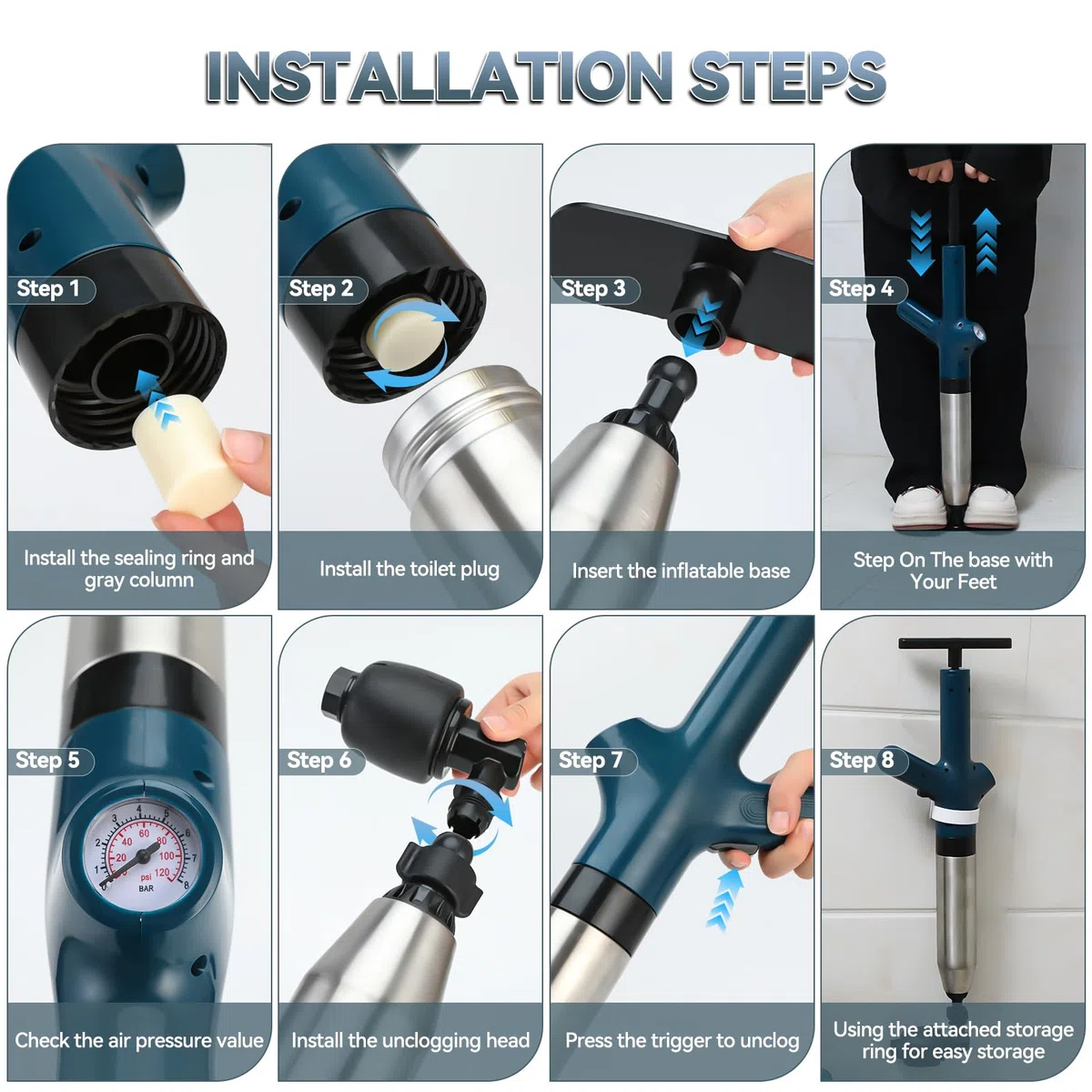 Abflussreiniger Pumpe für Toilette, Druckluft Rohrreiniger Pressluft WC Verstopft Pumpe mit Luftdruckanzeige und 4 Düsen, Verstopfung Toilettenpumpe für Abfluss, Spüle