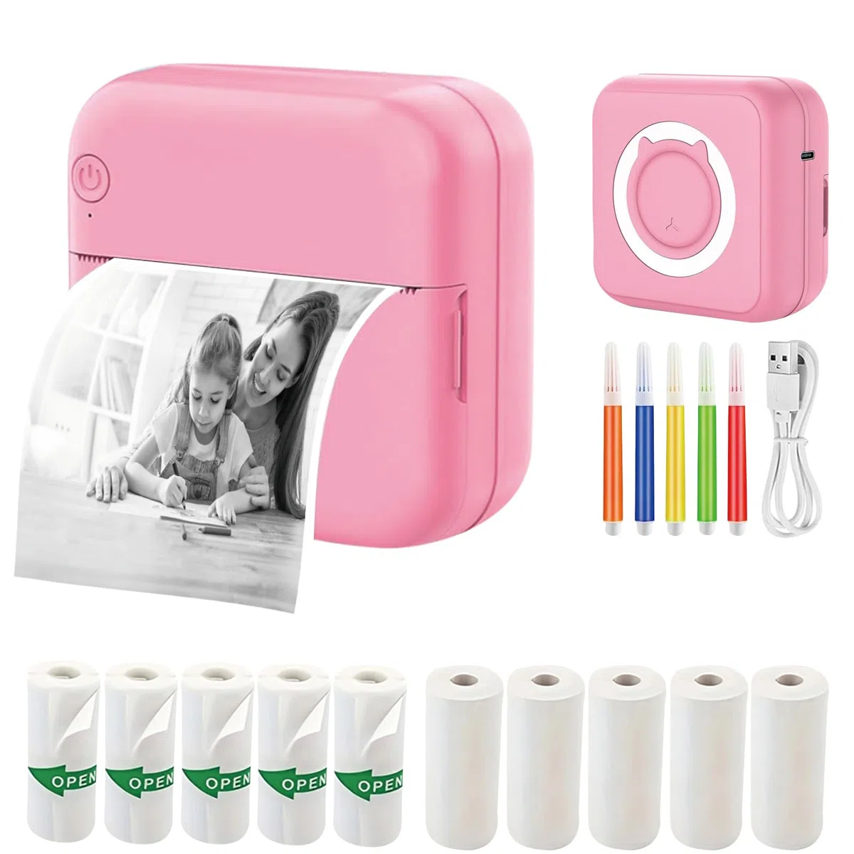 Mini Drucker, Tragbarer Fotodrucker mit 10 Rollen Papier, für Notizen, Fotos, Journal, Liste, Memo, kompatibel mit iOS und Android