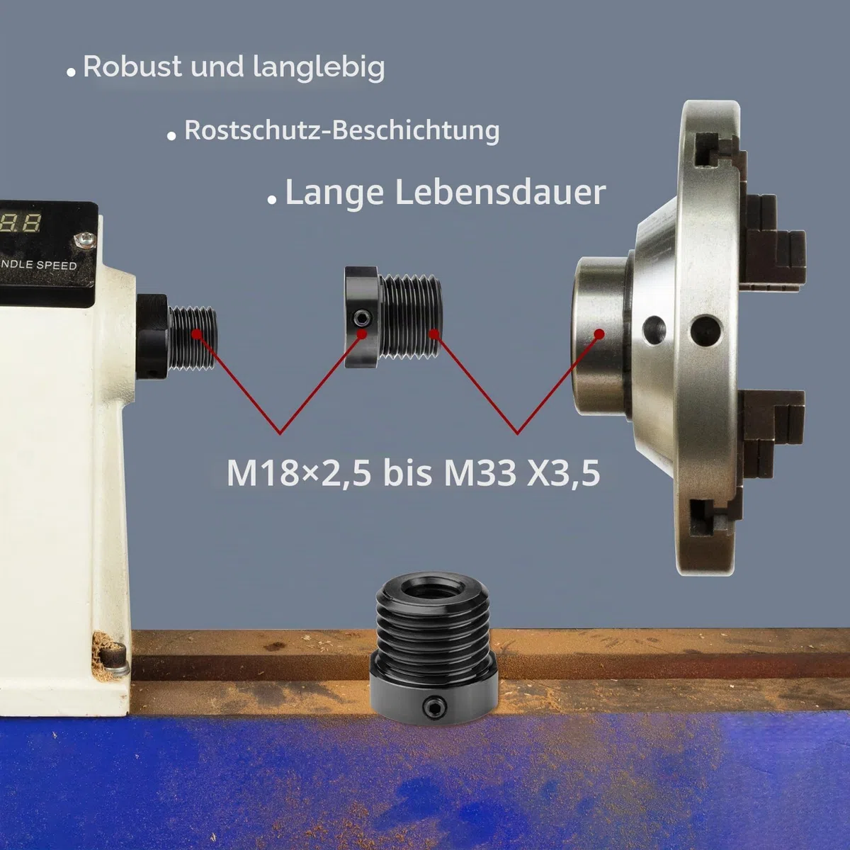 Spindeladapter für Holzbearbeitung, konvertiert M18 x 2,5 mm auf M33 x 3,5 mm Gewindebohrfutter-Einsatzadapter