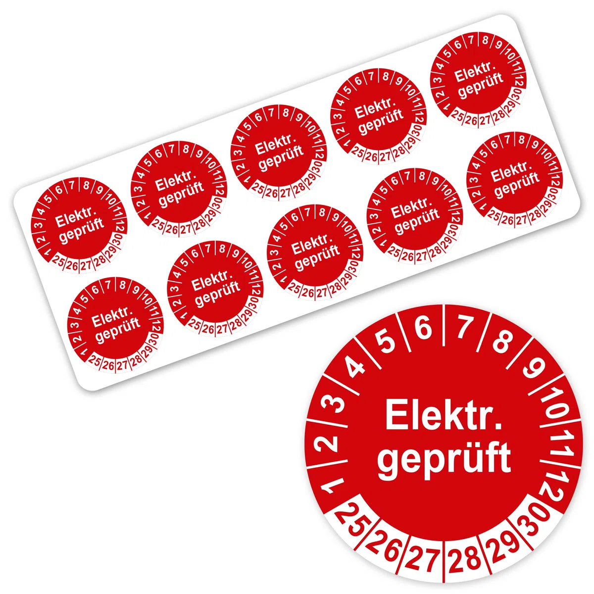 Prüfplaketten Elektr. geprüft 2025-2030 Prüfetiketten Elektrogeräte Prüfung Kontrolle für Betriebsmittel Geräte Maschinen Aufkleber selbstklebend wasserfest LTD001 (100, Rot, ⌀30mm)