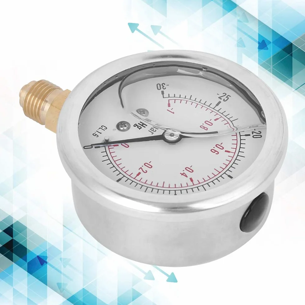 1/4 BSP Ölgefülltes Hydraulisches Manometer, Vakuum Manometers -1–0 bar / -30–0 inHg, Edelstahl Unterdruck Manometer mit Öl Dämpfung für Industrie, Maschinen, Chemie & Erdöl