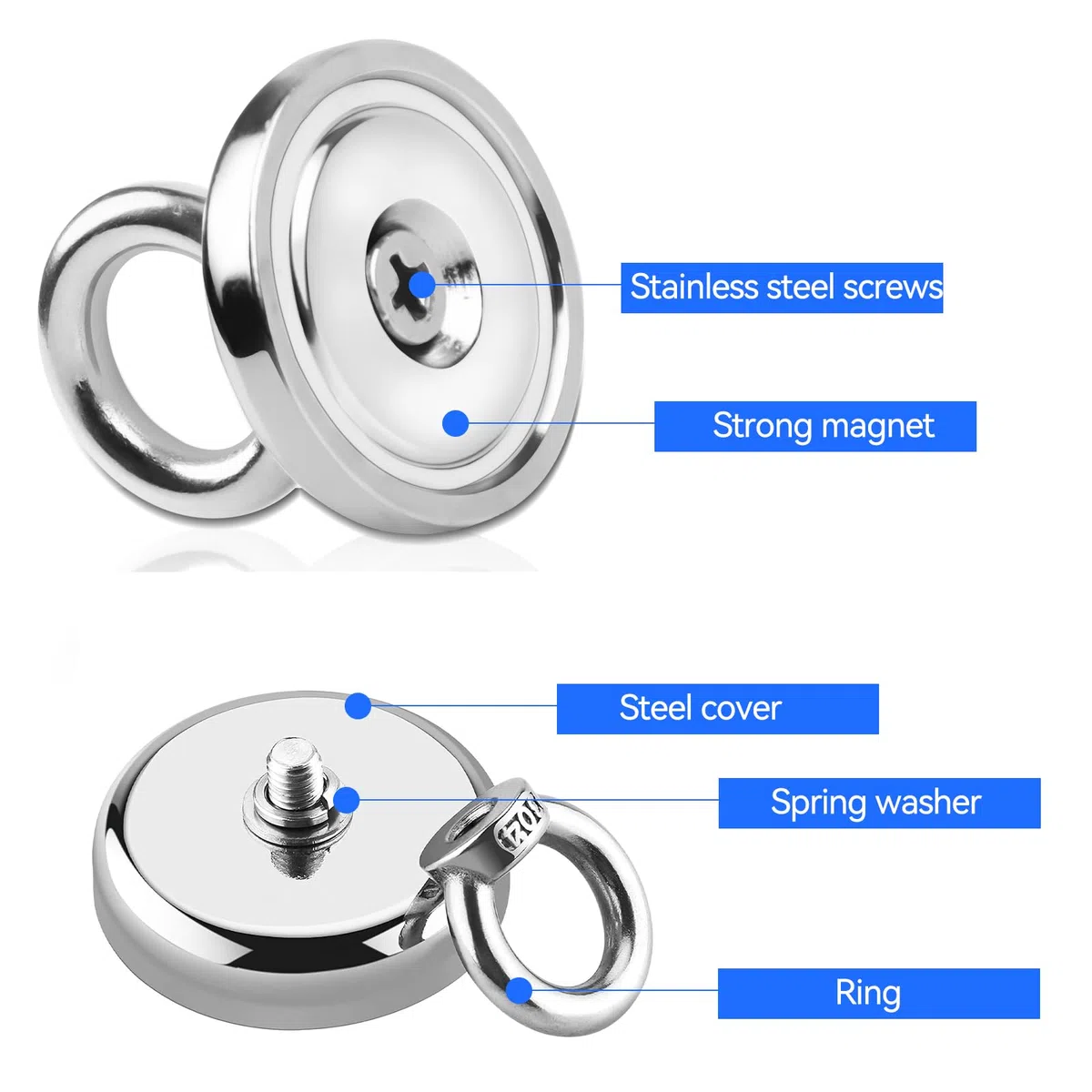 8 Stück Neodym Magnete Extra Stark 45kg Groß Magnetfischen 32MM Magnete Stark, Super Starker Angelmagnet mit Heberinge und Schrauben Loch für Geeignet Magnet Fischen in Haus, Werkstatt