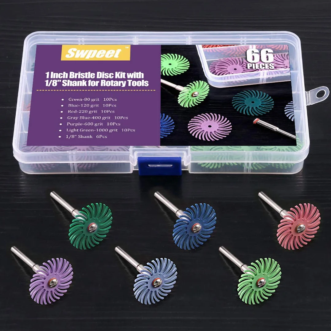 Swpeet 66 Stück 2,5 cm 6 gemischte Körnung 80/120/220/400/600/1000 Radialborsten Schleifbürste Lücke Polierpad Polierscheiben Sortiment Kit