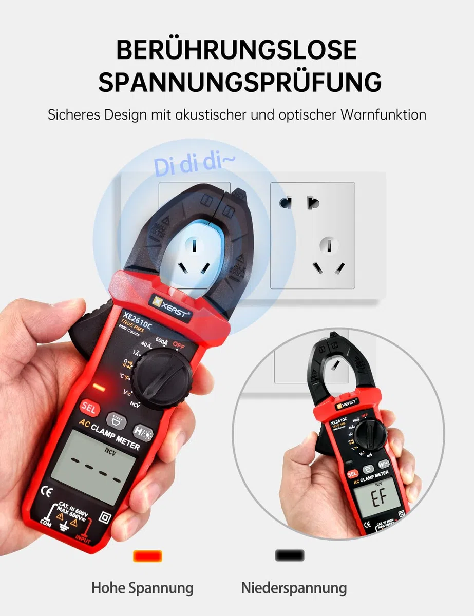 Stromzange Multimeter, True-RMS 4000 Zähl Auto Range Zangenamperemeter, Strommesszange für die Messung AC/DC-Spannung, AC-Strom Temperatur Widerstand Kapazität Kontinuität Diode NCV