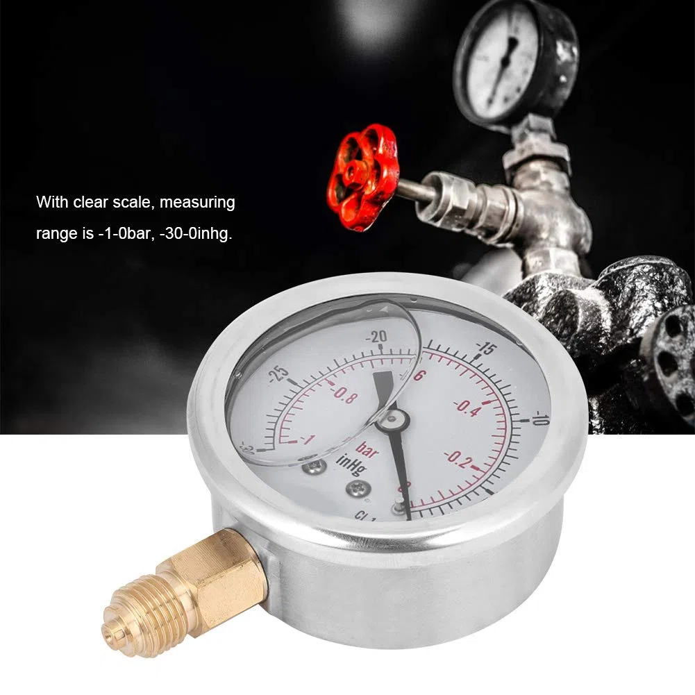1/4 BSP Ölgefülltes Hydraulisches Manometer, Vakuum Manometers -1–0 bar / -30–0 inHg, Edelstahl Unterdruck Manometer mit Öl Dämpfung für Industrie, Maschinen, Chemie & Erdöl
