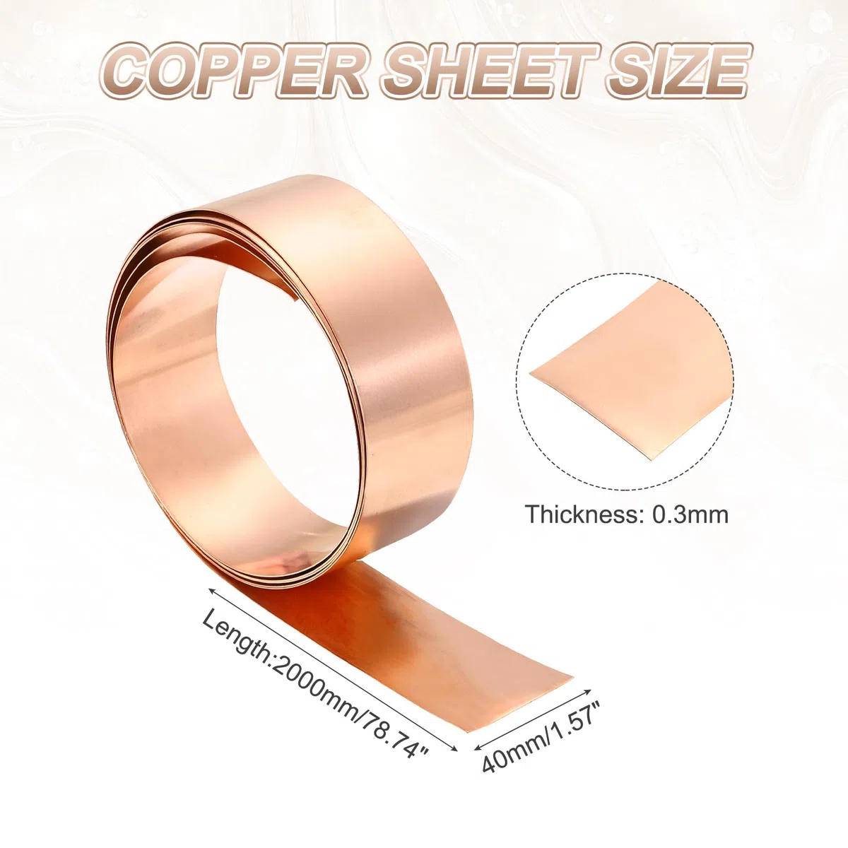 PATIKIL 0.3mm x 40mm x 2000mm Kupferblechrolle, 99.9% Reines Kupferband Blitzblech Metallfolienplatte Für DIY Projekt Schmuckherstellung Elektroreparatur