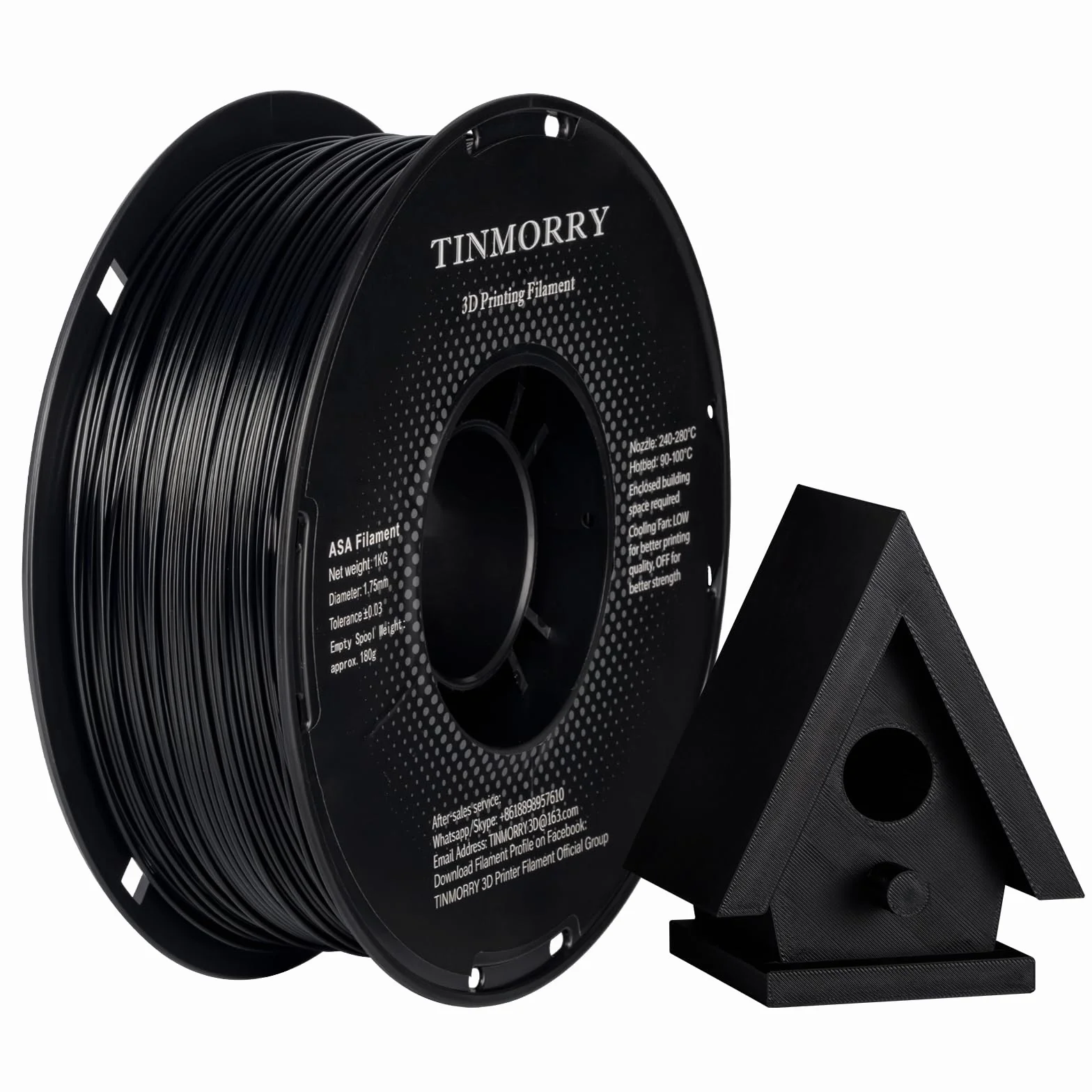 ASA Filament 1.75mm, TINMORRY High UV & Hitzebeständig 3D-Druck Filament, Langlebig & Zähigkeit, Kompatibel mit Bambu Enclosed Drucker, Perfekt für den Druck von Outdoor-Teilen, 1KG Spule, Schwarz