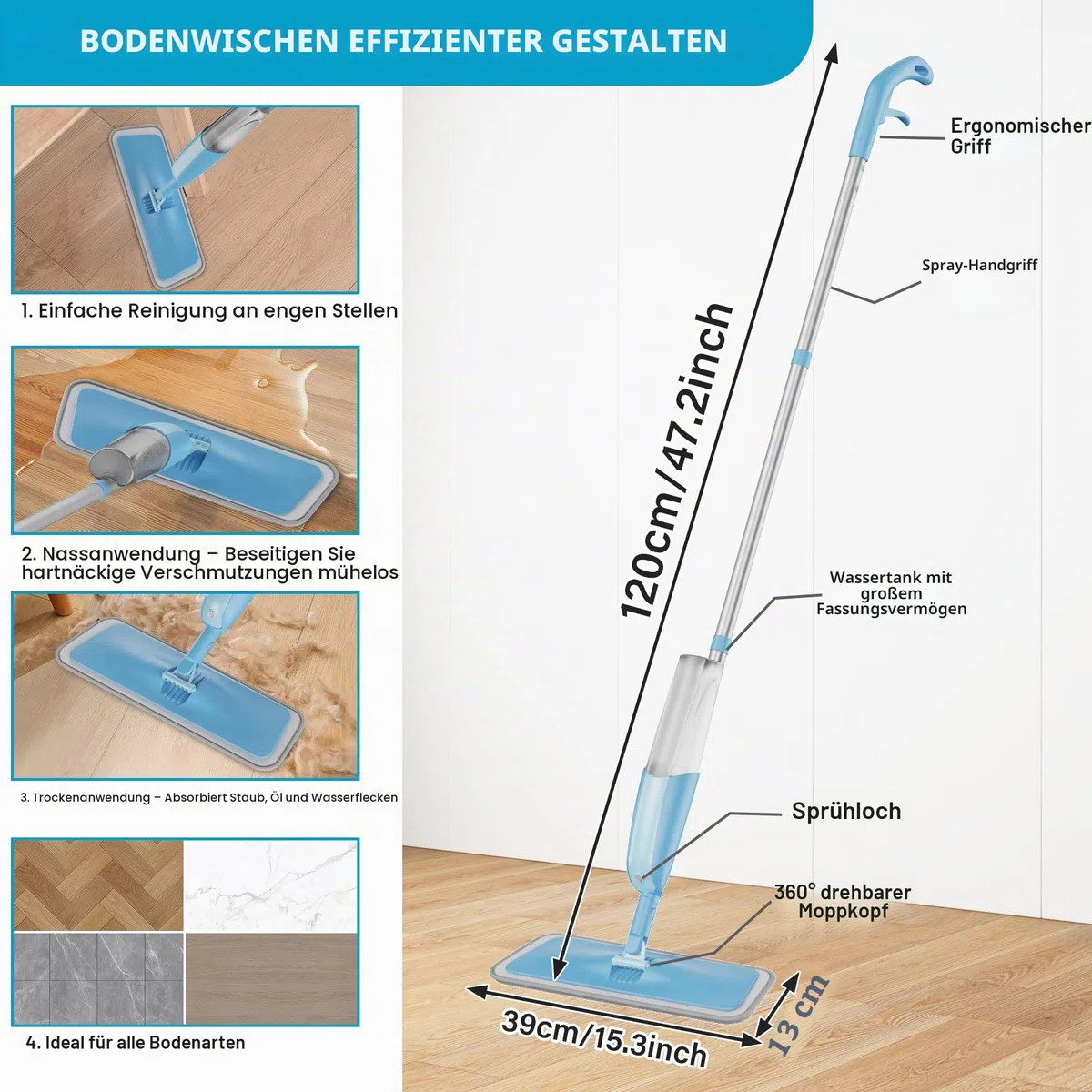 Wischer mit Sprühfunktion Sprühwischer Bodenwischer, MEXERRIS Wischmopp mit Wassertank 360 Grad Rotierender Wischmopp Spray Mop Wischer Boden mit 3 Waschbaren Mikrofaser Pads für alle Böden