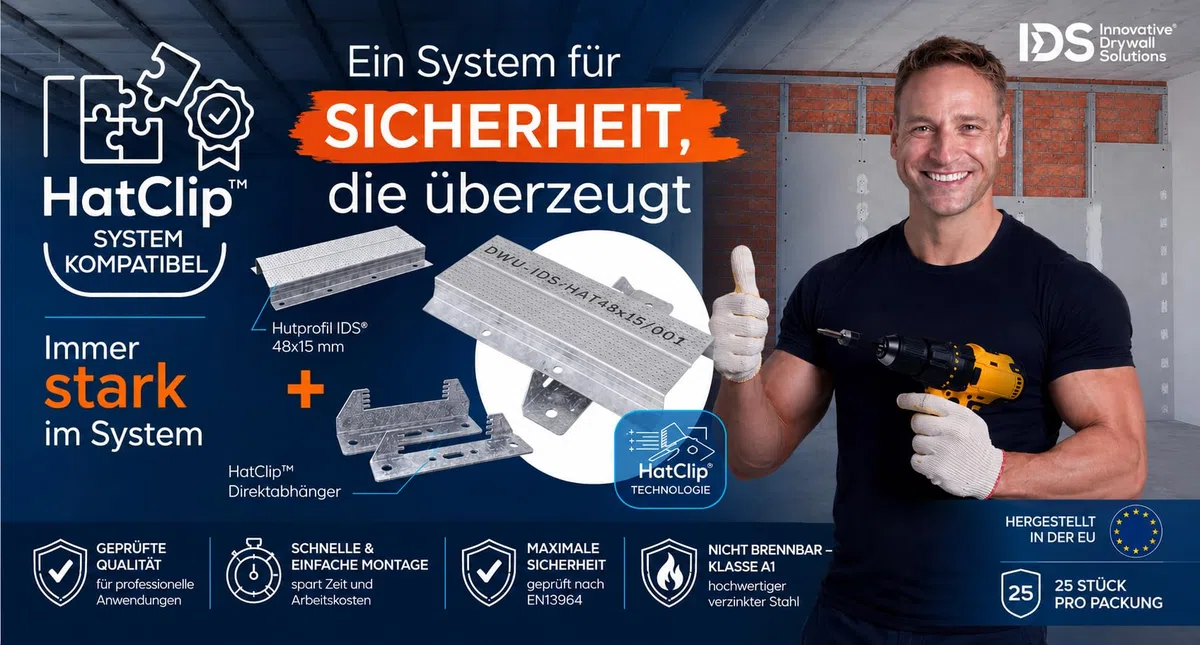 IDS HatClip15 Direktabhänger für Hutprofil 48x15 mm 25 Stück Schnellmontage Trockenbau Wand Decke Unterkonstruktion verzinkt
