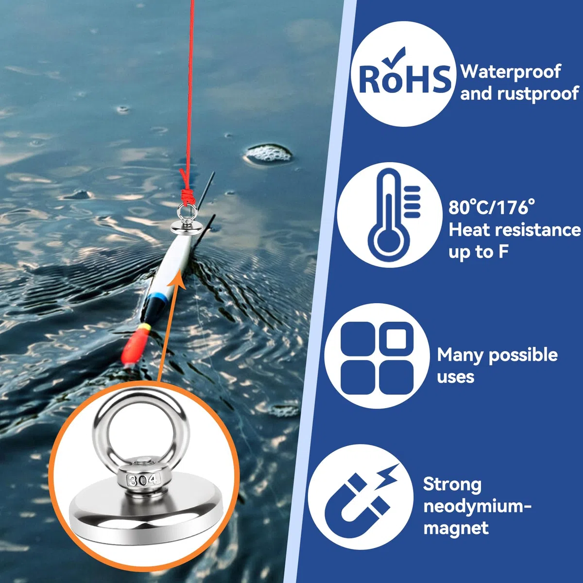 8 Stück Neodym Magnete Extra Stark 45kg Groß Magnetfischen 32MM Magnete Stark, Super Starker Angelmagnet mit Heberinge und Schrauben Loch für Geeignet Magnet Fischen in Haus, Werkstatt
