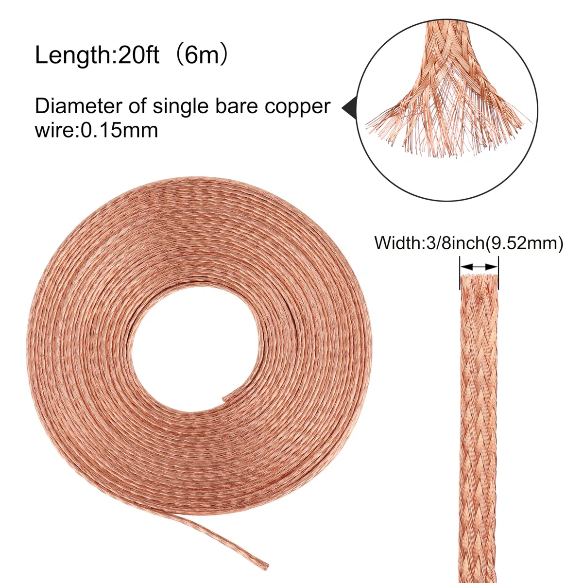 Flaches Kupfergeflecht Kabel, KWOKWEI 6M/20Ft blanker Kupfergeflechtdraht 11mm Flaches Geflochtenes Erdungskabel 6mm² für Erdung, Verbindung und elektrische Anschlüsse