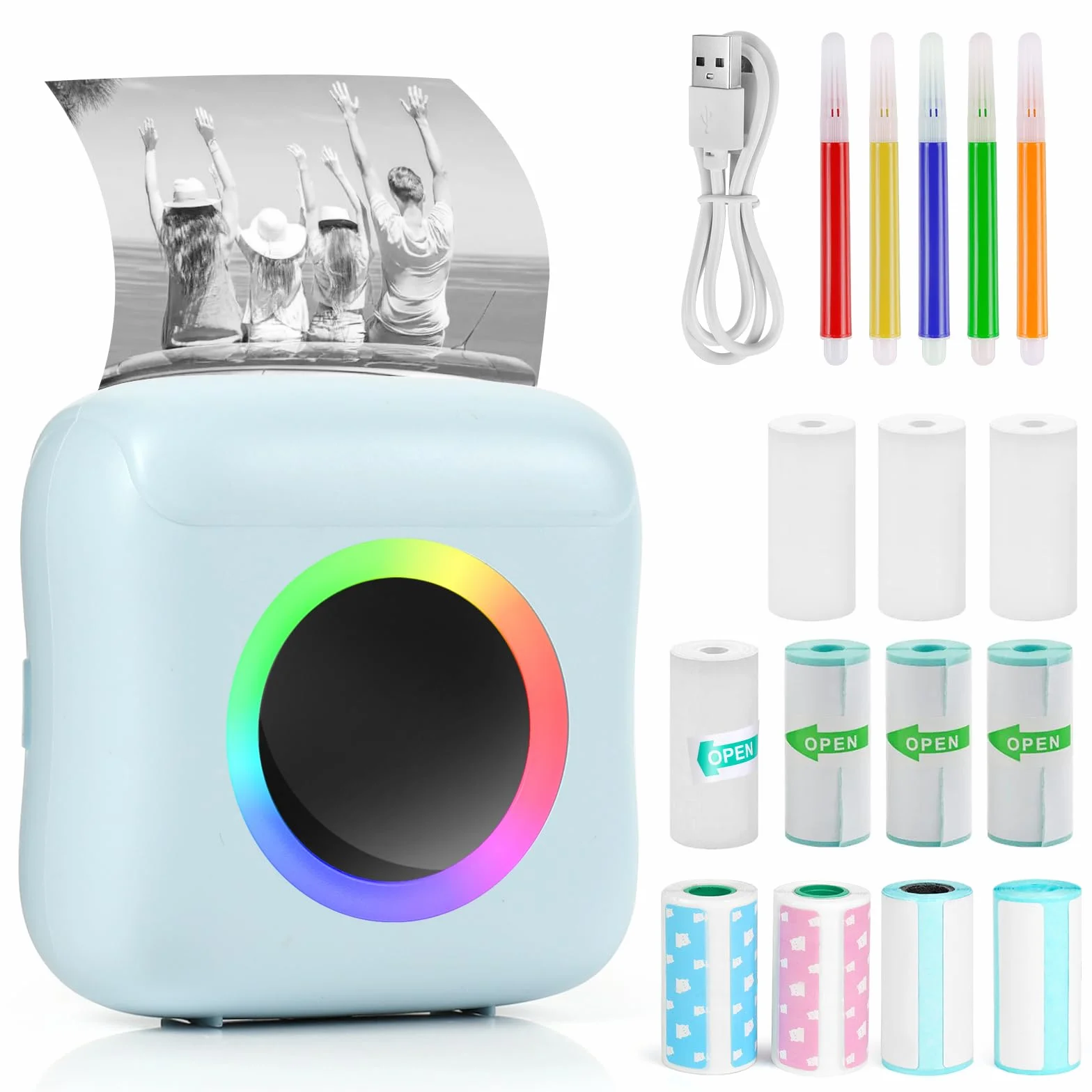 GuKKK Mini Drucker, Mobiler Fotodrucker, Tragbarer Mini Fotodrucker, Wireless Fotodrucker Thermodrucker, mit 11 Rollen Druckerpapie und 5 Buntstifte, Smartphone Bluetooth Drucker, für Liste, Journal