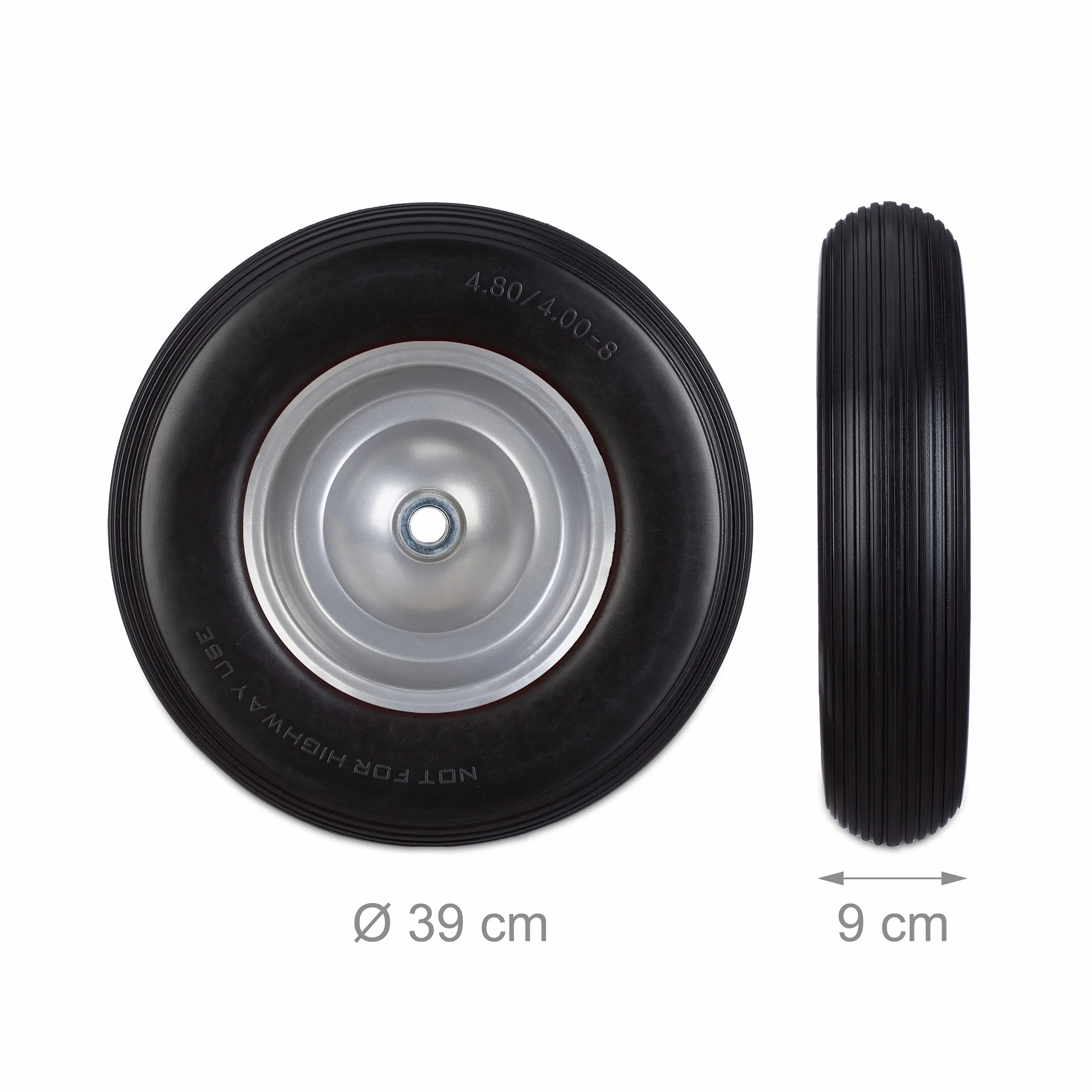 Relaxdays Schubkarrenrad 4.80 4.00-8, Vollgummireifen, Stahlfelge, Ersatzrad pannensicher, 100kg Traglast, schwarz-grau
