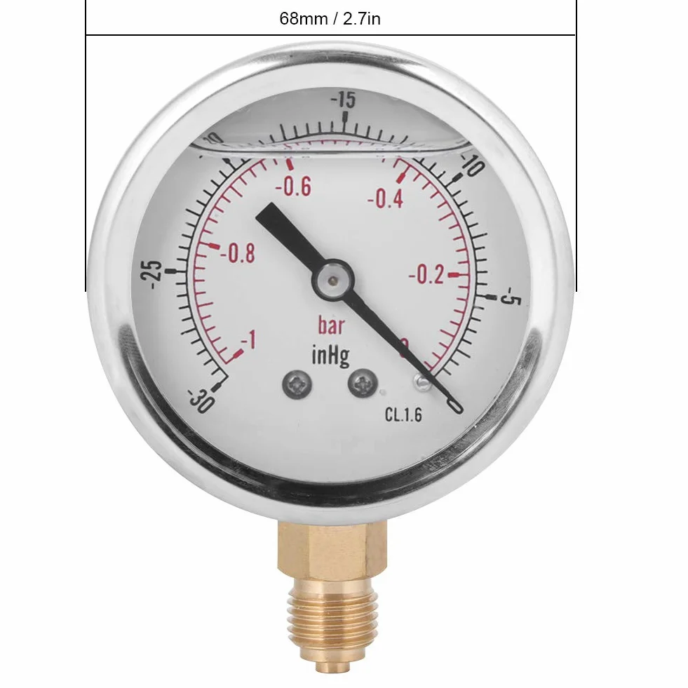 1/4 BSP Ölgefülltes Hydraulisches Manometer, Vakuum Manometers -1–0 bar / -30–0 inHg, Edelstahl Unterdruck Manometer mit Öl Dämpfung für Industrie, Maschinen, Chemie & Erdöl