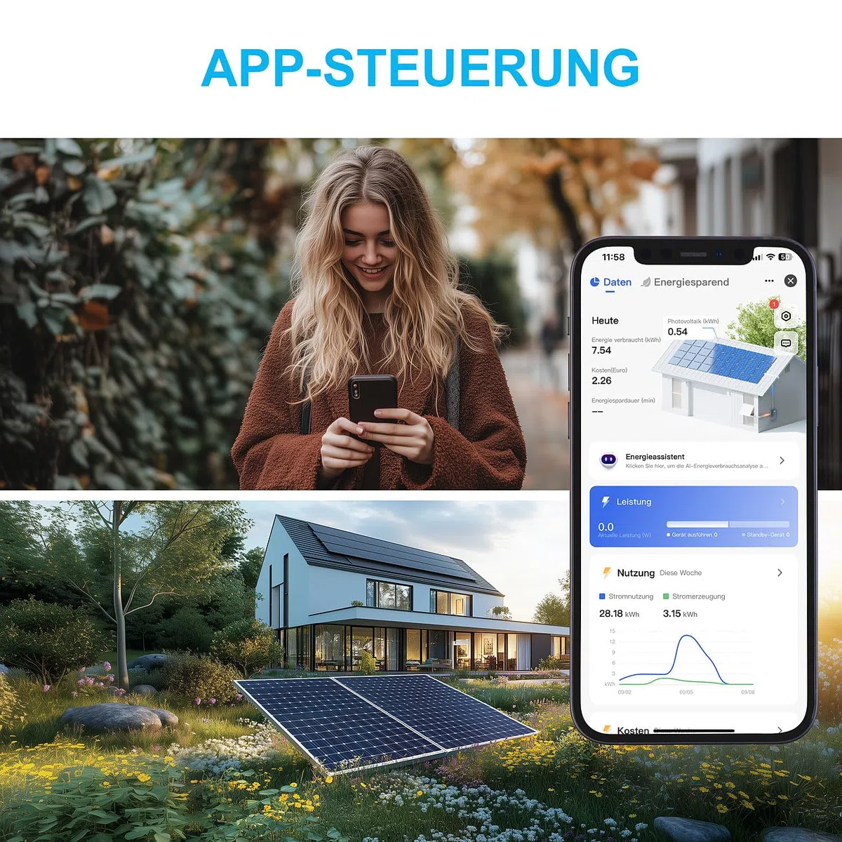 Luminea Home Control Energiemesser: 2in1-WLAN-Steckdose mit bidirektionaler Strom-Messung, 16 A, App (Stromzähler für Balkonkraftwerk, WLAN Steckdose Solar, Stecker)