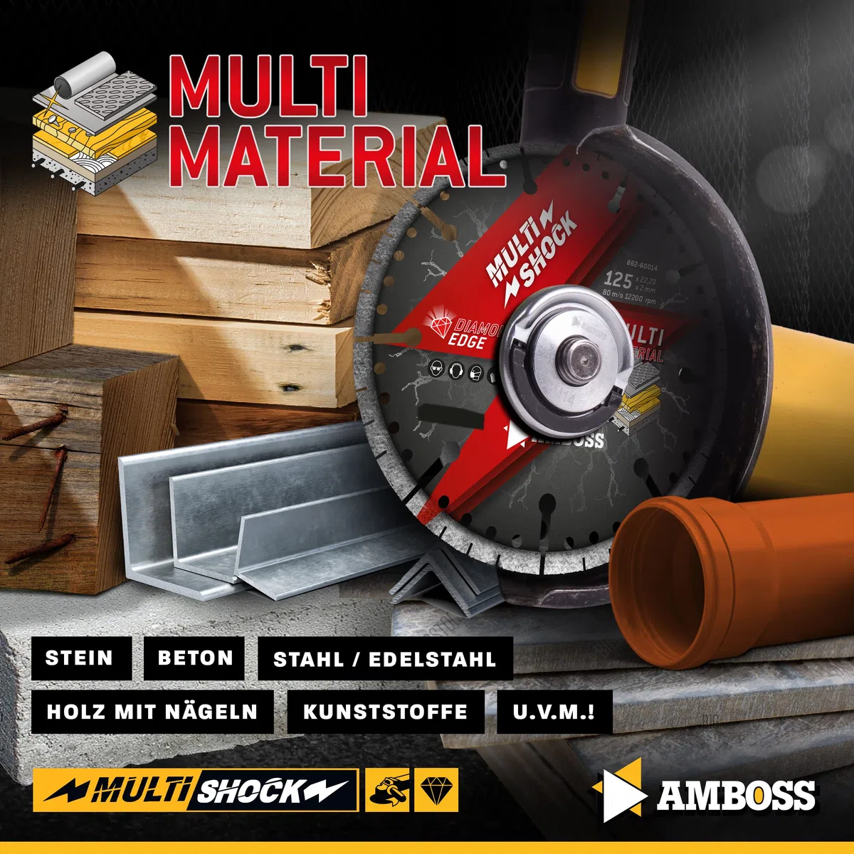 Amboss MultiShock - Diamant-Trennscheibe Ø 115 mm x 22,2 mm - Universal/Allround | Segmenthöhe: 10 mm (galvanisiert)