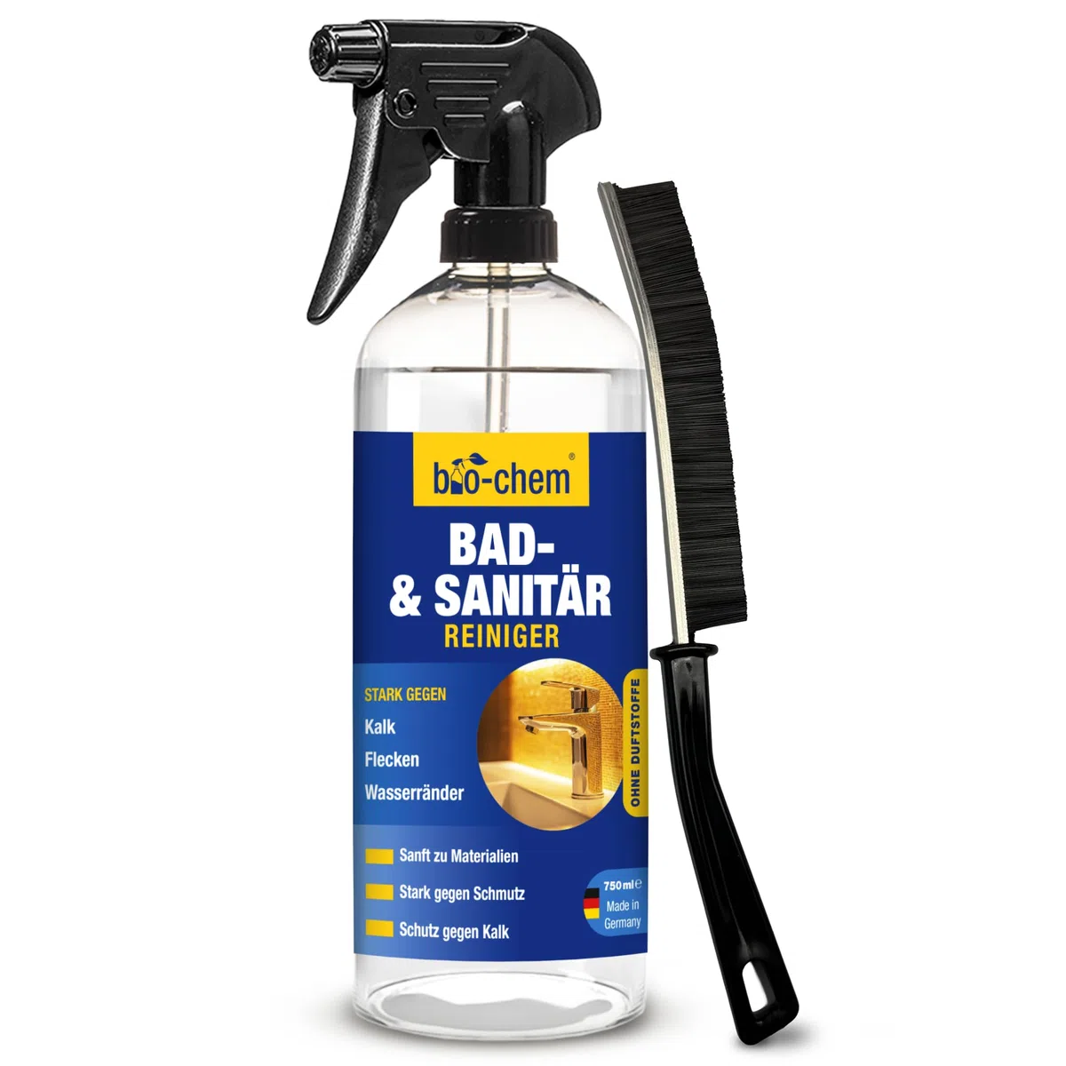 bio-chem Badreiniger Sanitärreiniger 750ml mit Fugenbürste | Kalkentferner Spray für Dusche, WC, Fliesen & Waschbecken | Bürste für Fugen und Rillen