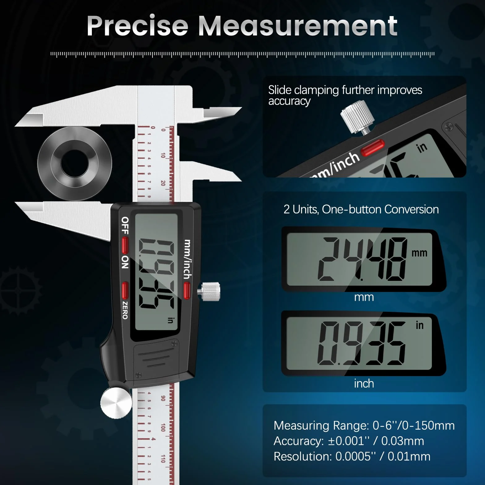 Housolution Digitaler Messschieber 6 Zoll Mit Großem LCD-Bildschirm, Zoll/MM, 4 Messwege, Auto-Off, Edelstahl-Mikrometer für Drucker, Juweliere, Holzhandwerker