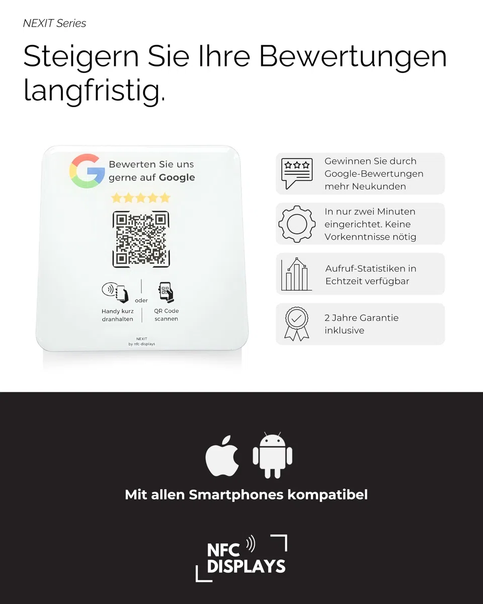 Karte/Schild für Google Bewertungen mit QR-Code und NFC (12x12cm selbstklebend) - weiß