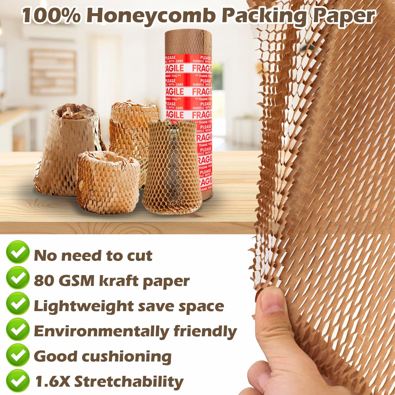 Wabenpapier Verpackungspapier Rolle 38cm x 70m, Braunes Verpackungsmaterial Verpacken Papier enthält 36 Aufkleber für zerbrechliche Gegenstände, Luftpolsterfolie Alternative für Polsterpapier