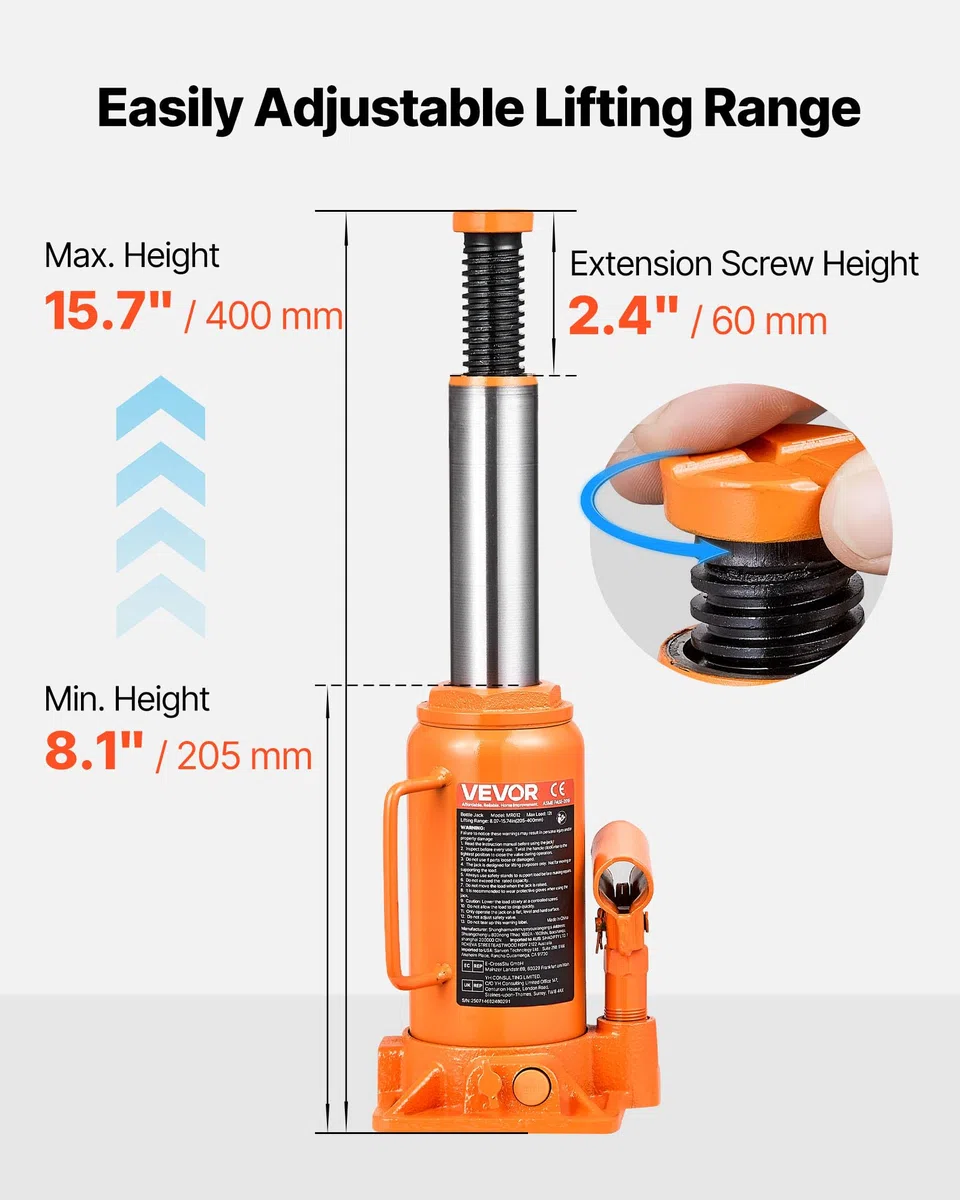 VEVOR hydraulischer Wagenheber Flaschenwagenheber 12 t 205–400 mm Hubbereich, Hochleistungs-Stempelwagenheber für Auto SUV Pickup Autoreparatur Hauslift landwirtschaftliche Geräte, Orange
