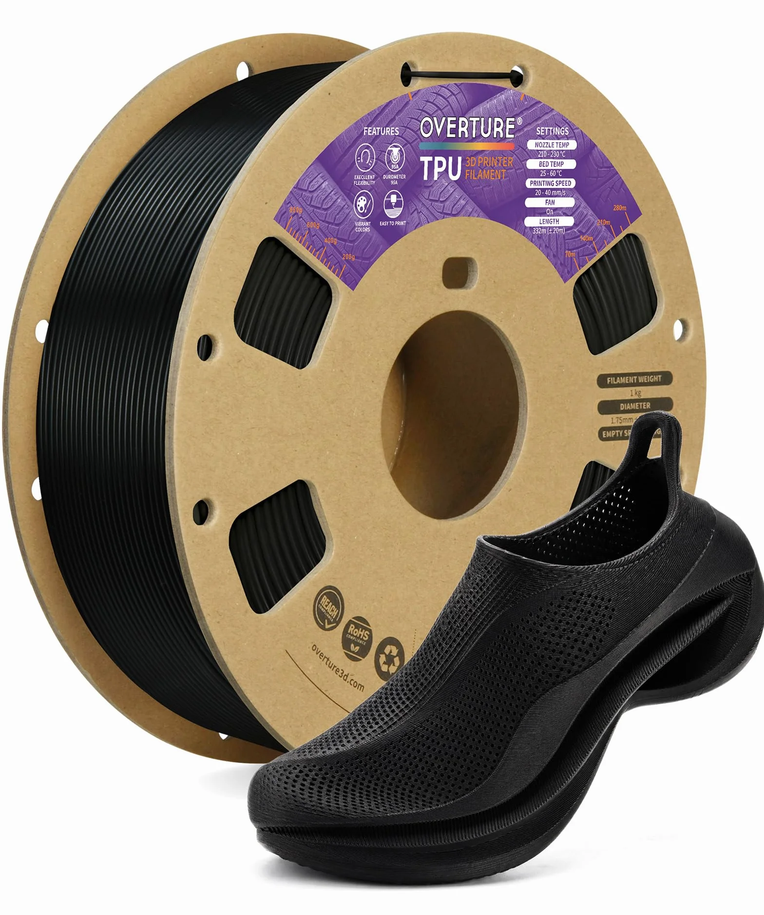 OVERTURE TPU Filament 1.75 mm, Flexible TPU Rolle Weiches 3D-Drucker Filament, 95A 1kg Spule (2.2 lbs), Maßgenauigkeit +/- 0,02 mm (Schwarz)