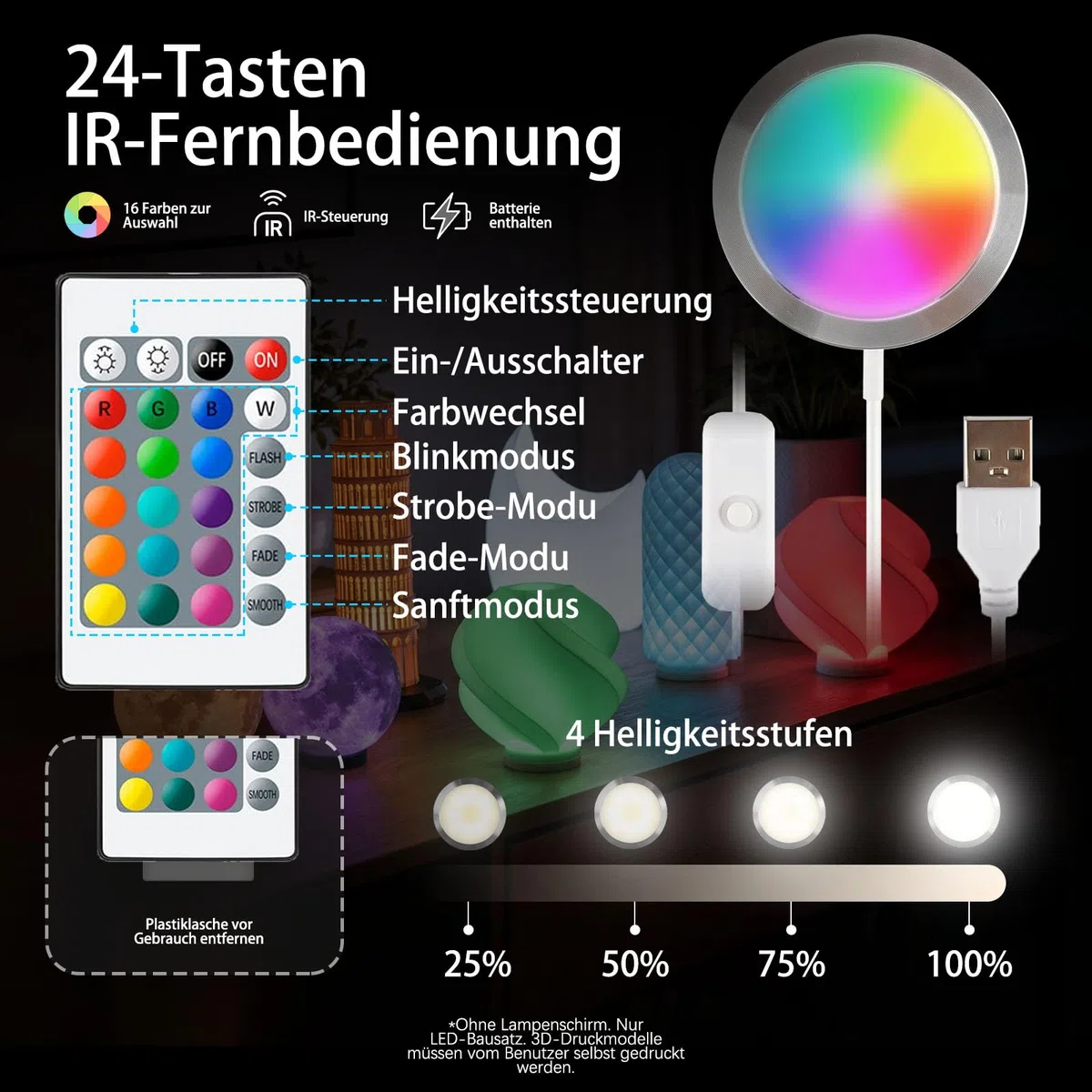 3 Stück RGB LED Lampen-Kits 001 für Bambu Lab A1 mini/P1S/P2S/X1C/X1E/A1, Makerworld 3D-gedruckt, Farbspeicherung bei Stromausfall, Fernbedienung, Dimmfunktion, DIY-Hardware-Modell-Ersatzteile